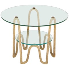 Rare Rope and Thick Glass Trays Coffee Table by Audoux Minnet, France 1960s