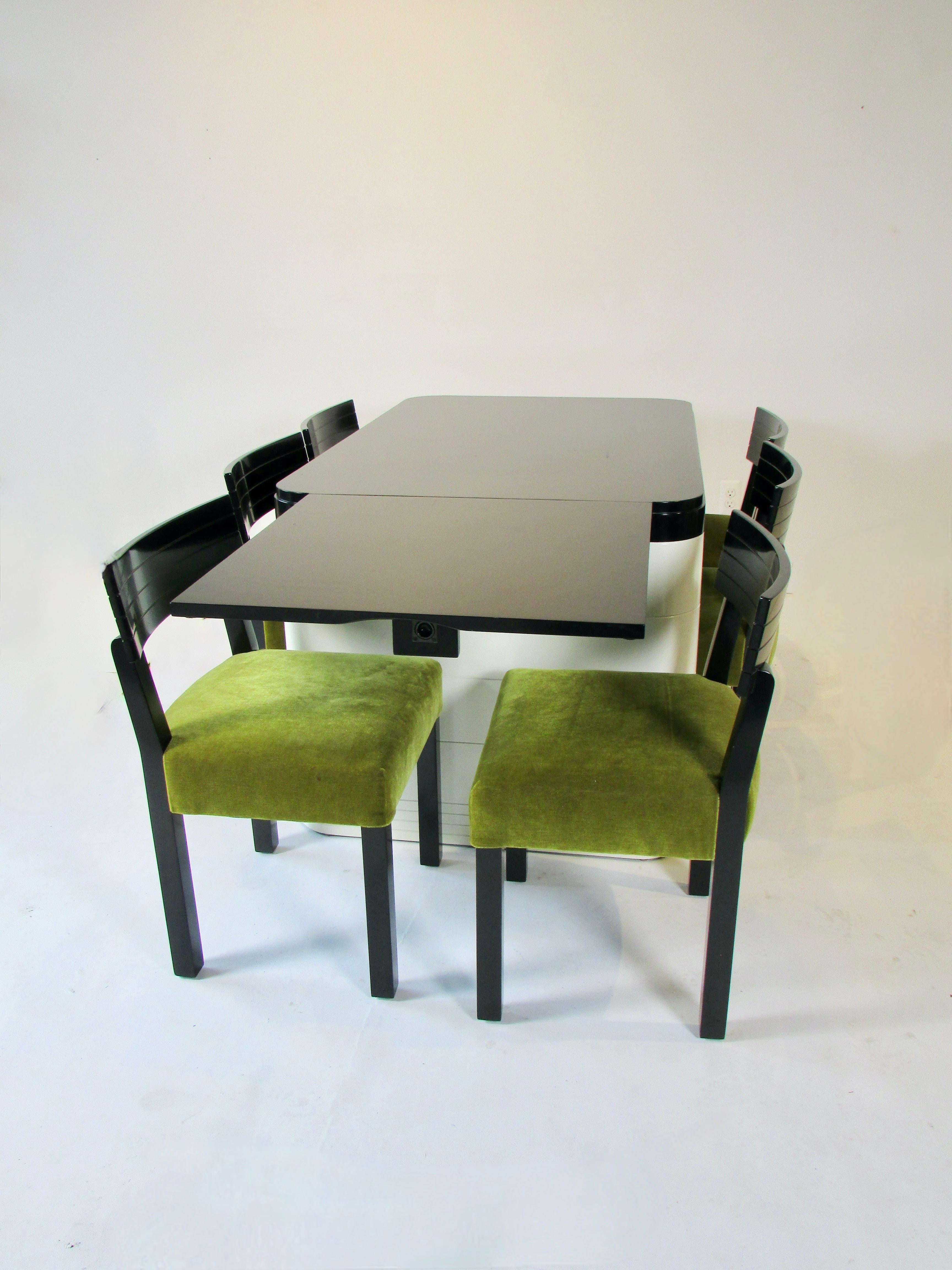 Seltener Rorimer Brooks Mattschwarzer Art-Déco-Esstisch im Art déco-Stil mit sechs Stühlen 9