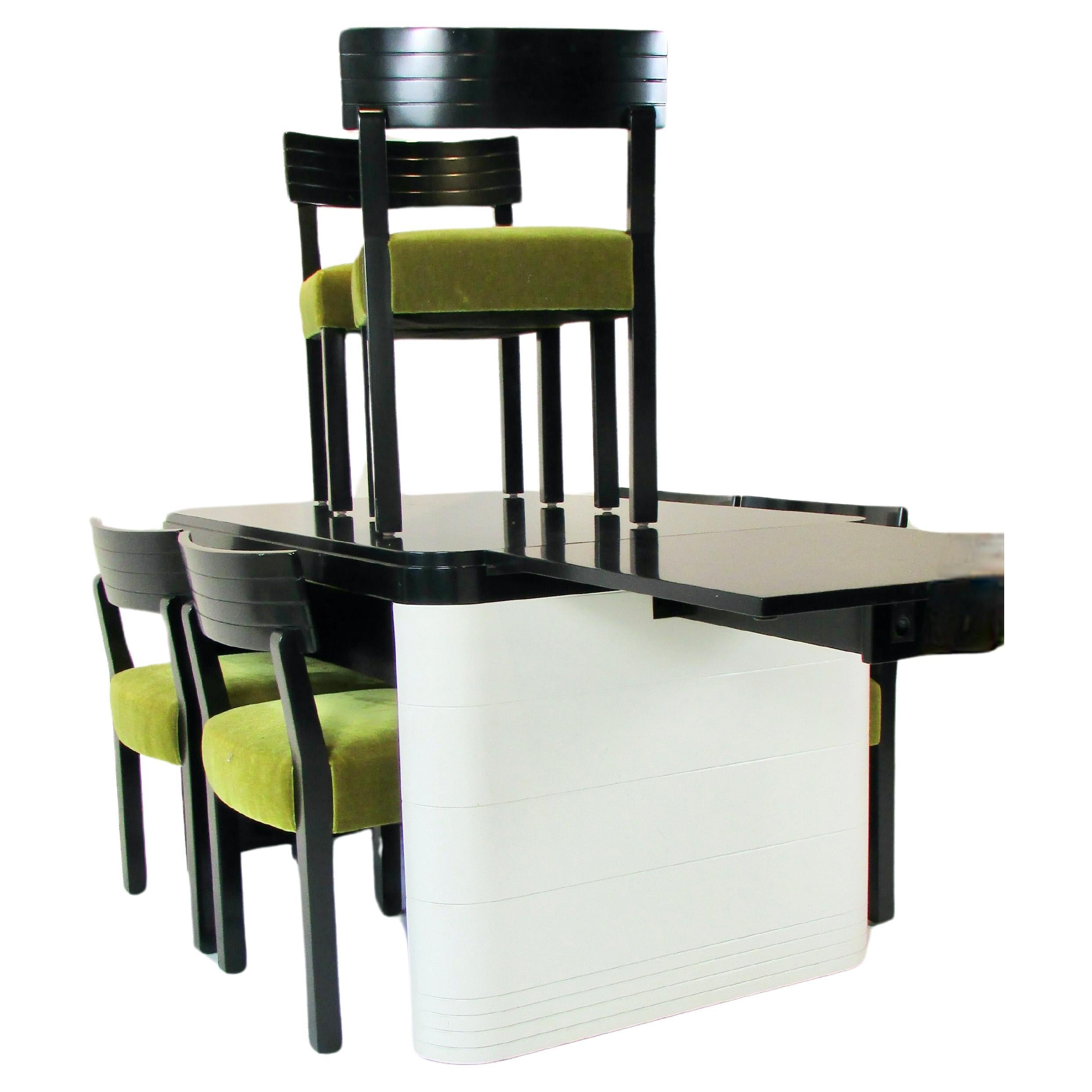 Seltener Rorimer Brooks Mattschwarzer Art-Déco-Esstisch im Art déco-Stil mit sechs Stühlen