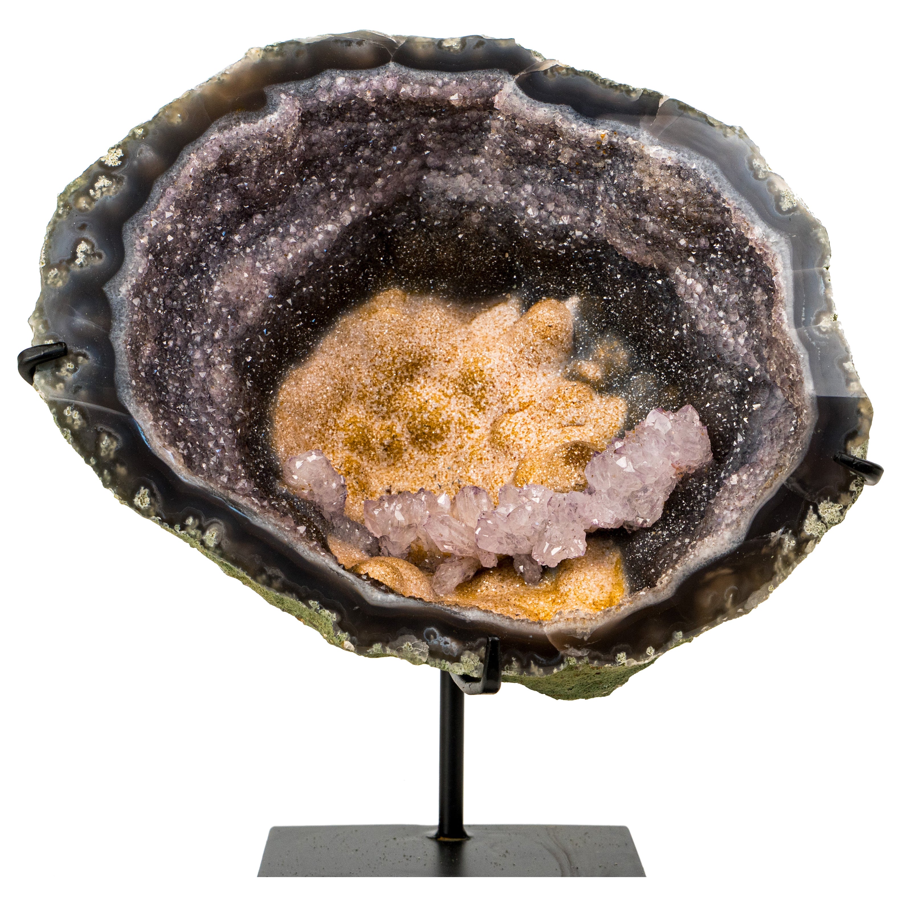 Raro fiore di ametista rosa in geode di ametista Galaxy in vendita