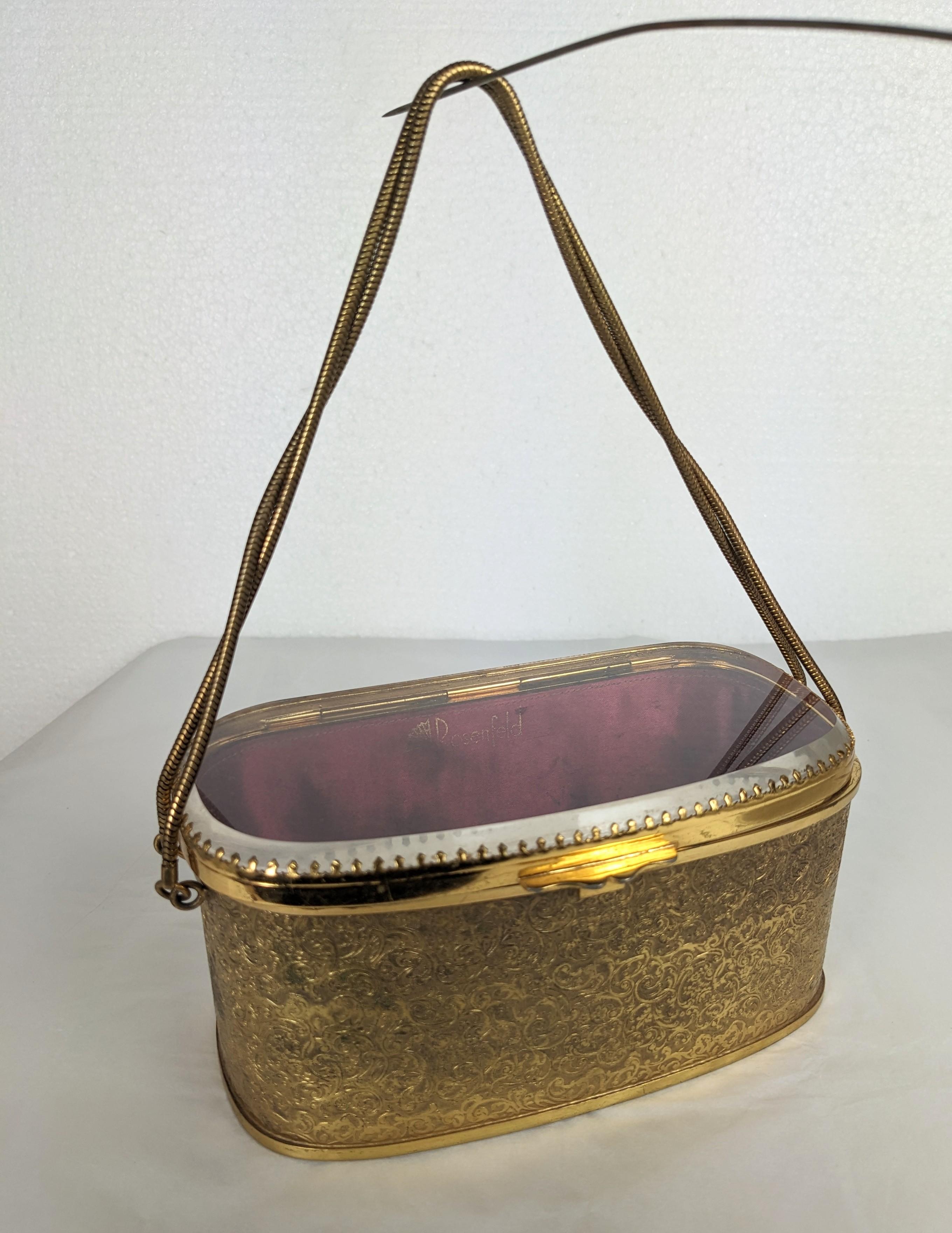 Charming and Rare Rosenfeld Victorian Style Jewelry Casket Purse from the 1960's. Designed as an etched gilt brass casket with quilted velvet interior and cool plexiglass cover. Gilt snake chain handles. 1960's USA. 