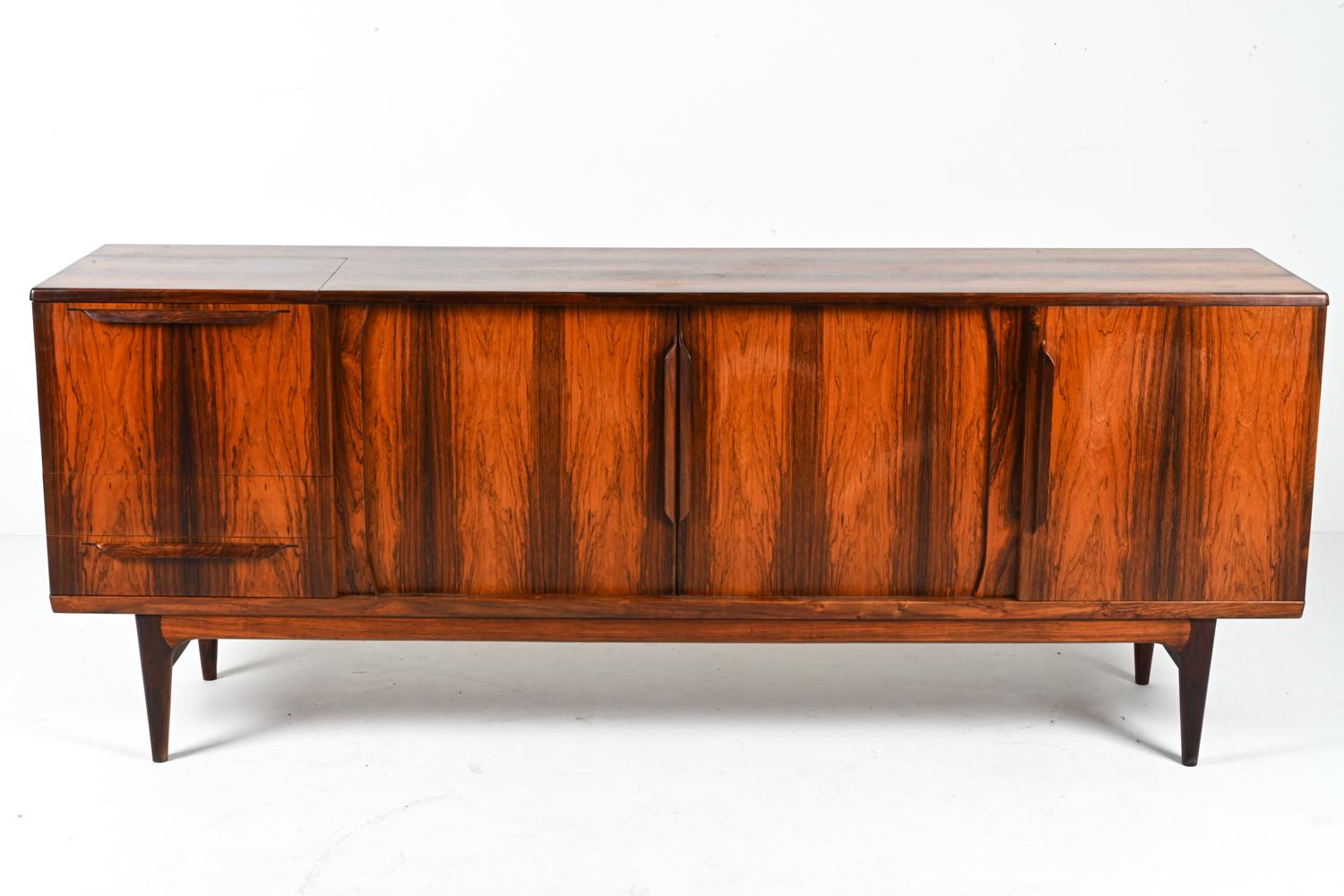Mid-Century Modern Rare Rosewood Sideboard With Bar by Johannes Andersen; Denmark, c. 1960's For Sale