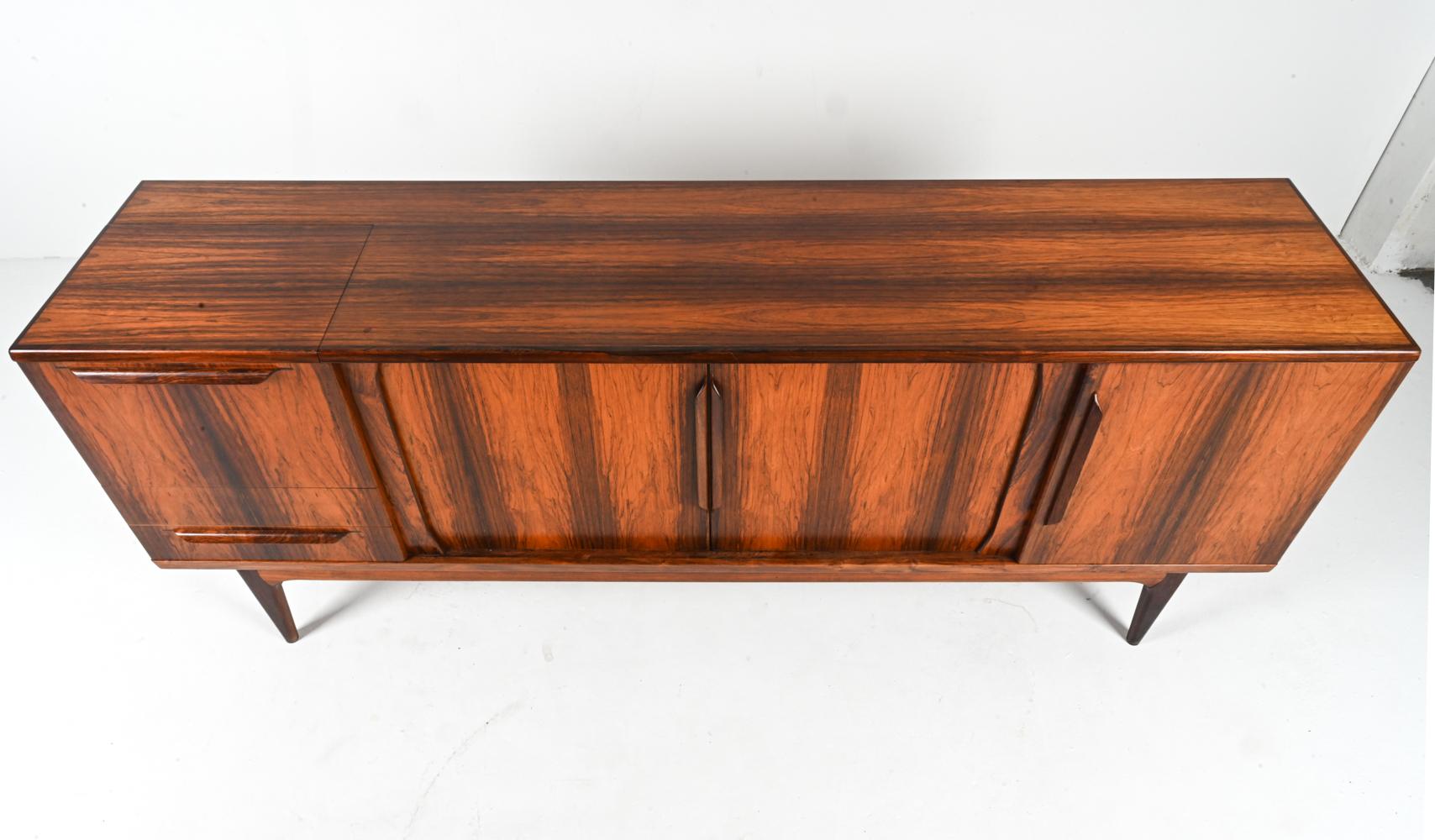 Rare Rosewood Sideboard With Bar by Johannes Andersen; Denmark, c. 1960's In Good Condition For Sale In Norwalk, CT