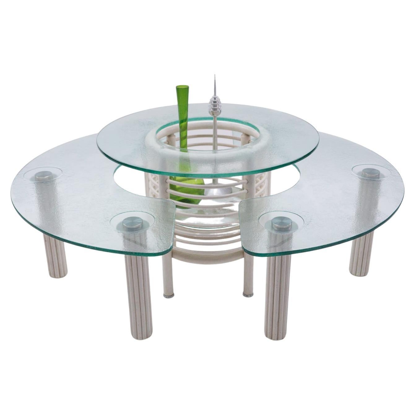 The opening in the middle table has a diameter of 33cm, so all kinds of beverage bottle can be placed in it.

The diameter of the whole table top of the middle table is 70cm.

The height of the semicircular side tables is 39.5cm.