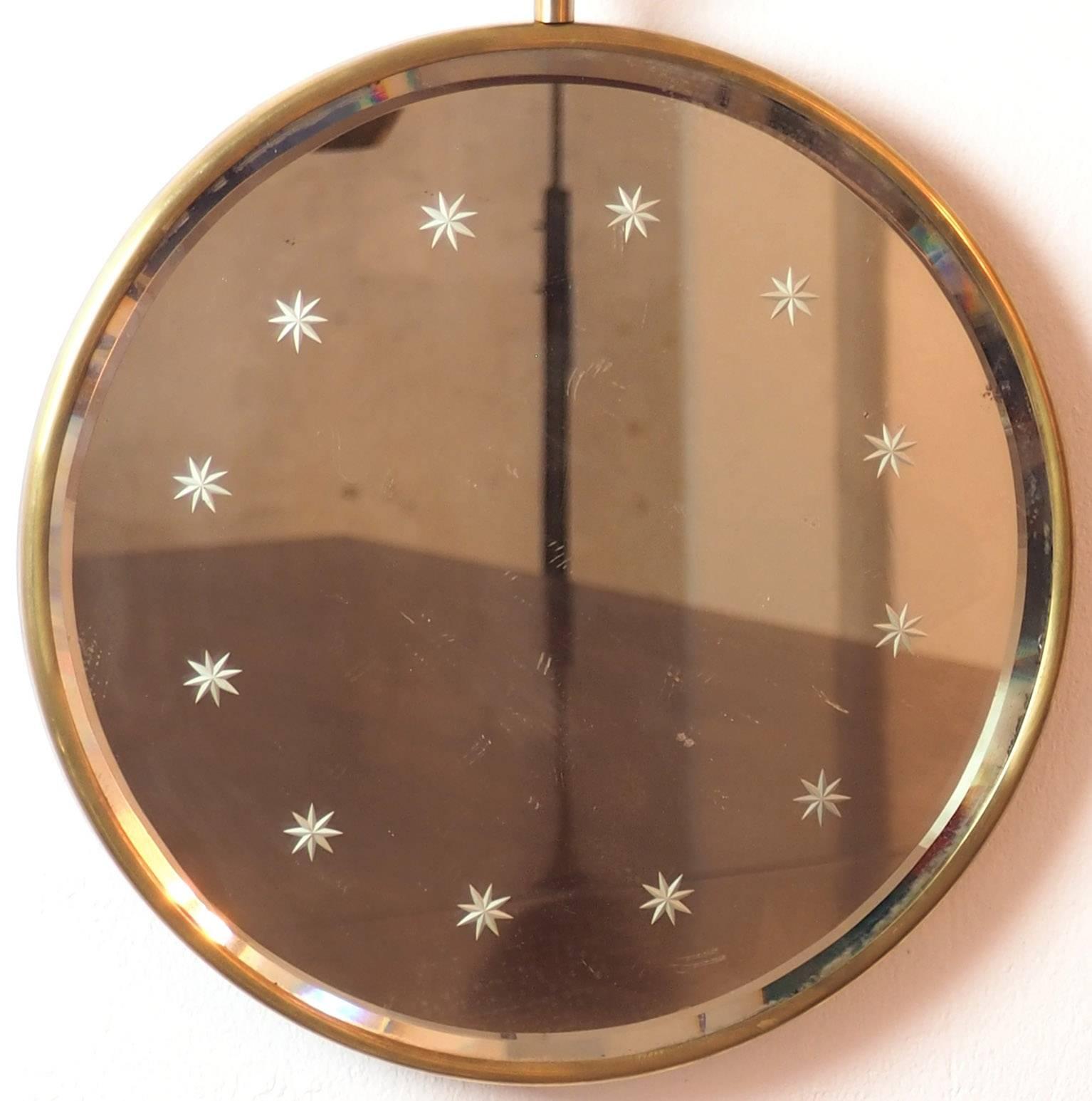 Mid-Century Modern Fontana Arte Midcentury Wall Round Brass Mirror with Engraved Stars, Italy 1950s For Sale