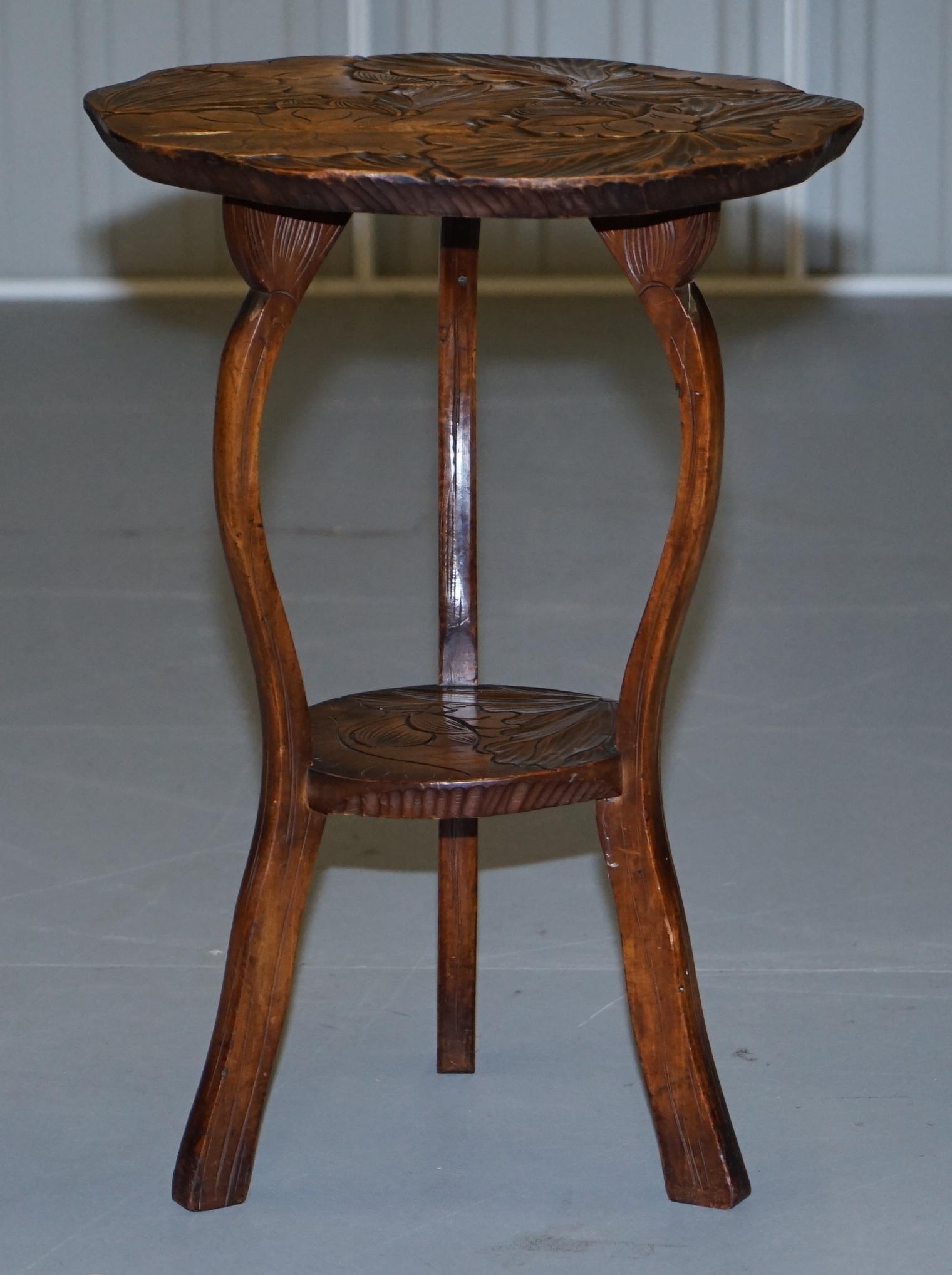Hand-Crafted Rare Round circa 1905 Liberty's London Japanese Carved Side End Lamp Wine Table