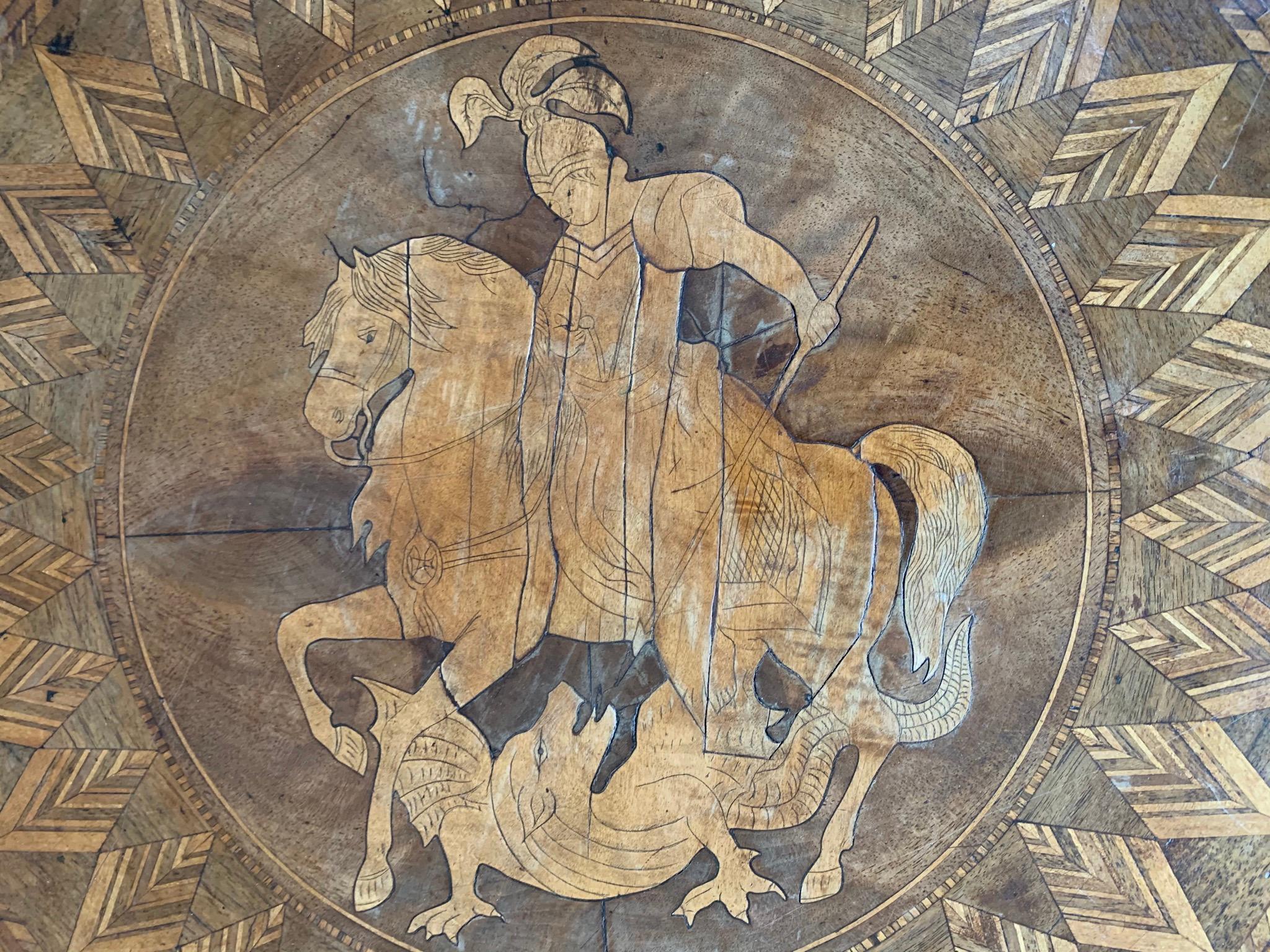 Classical Roman Rare Round Coffee Table w. Marquetry Inlay Depicting Saint George and the Dragon