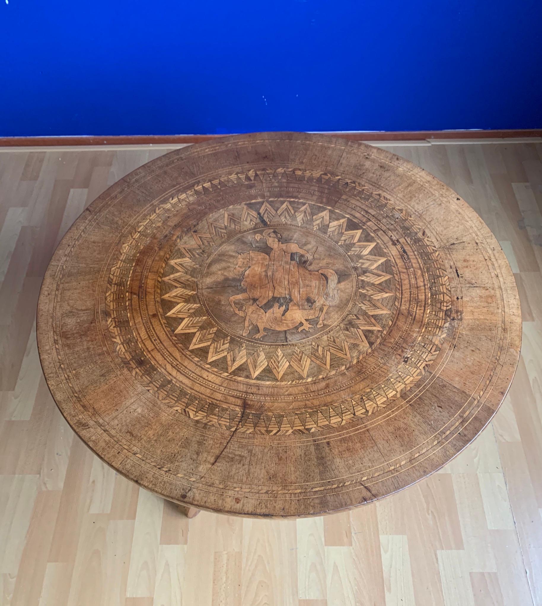 Rare Round Coffee Table w. Marquetry Inlay Depicting Saint George and the Dragon 1