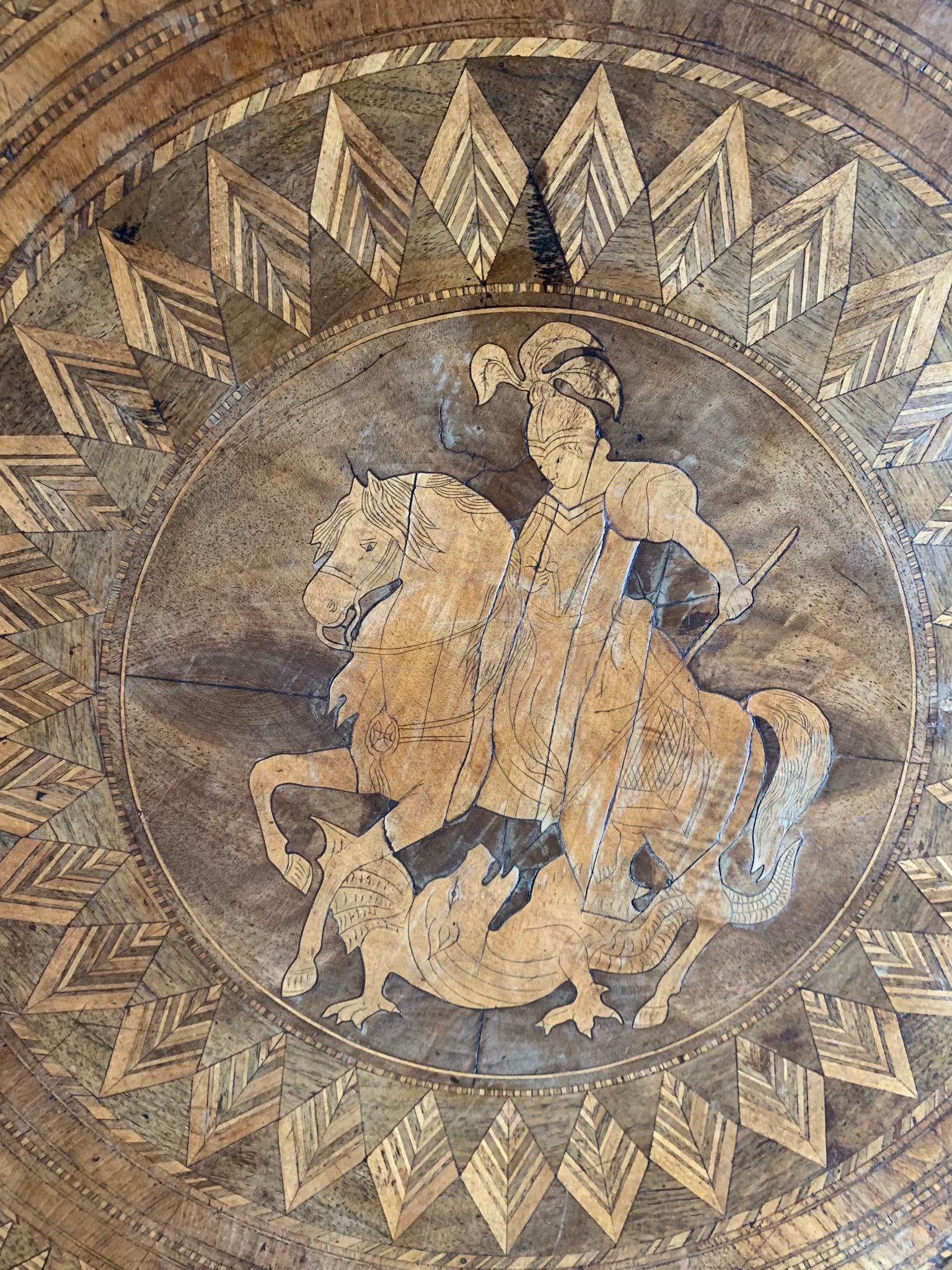 Rare Round Coffee Table w. Marquetry Inlay Depicting Saint George and the Dragon 2