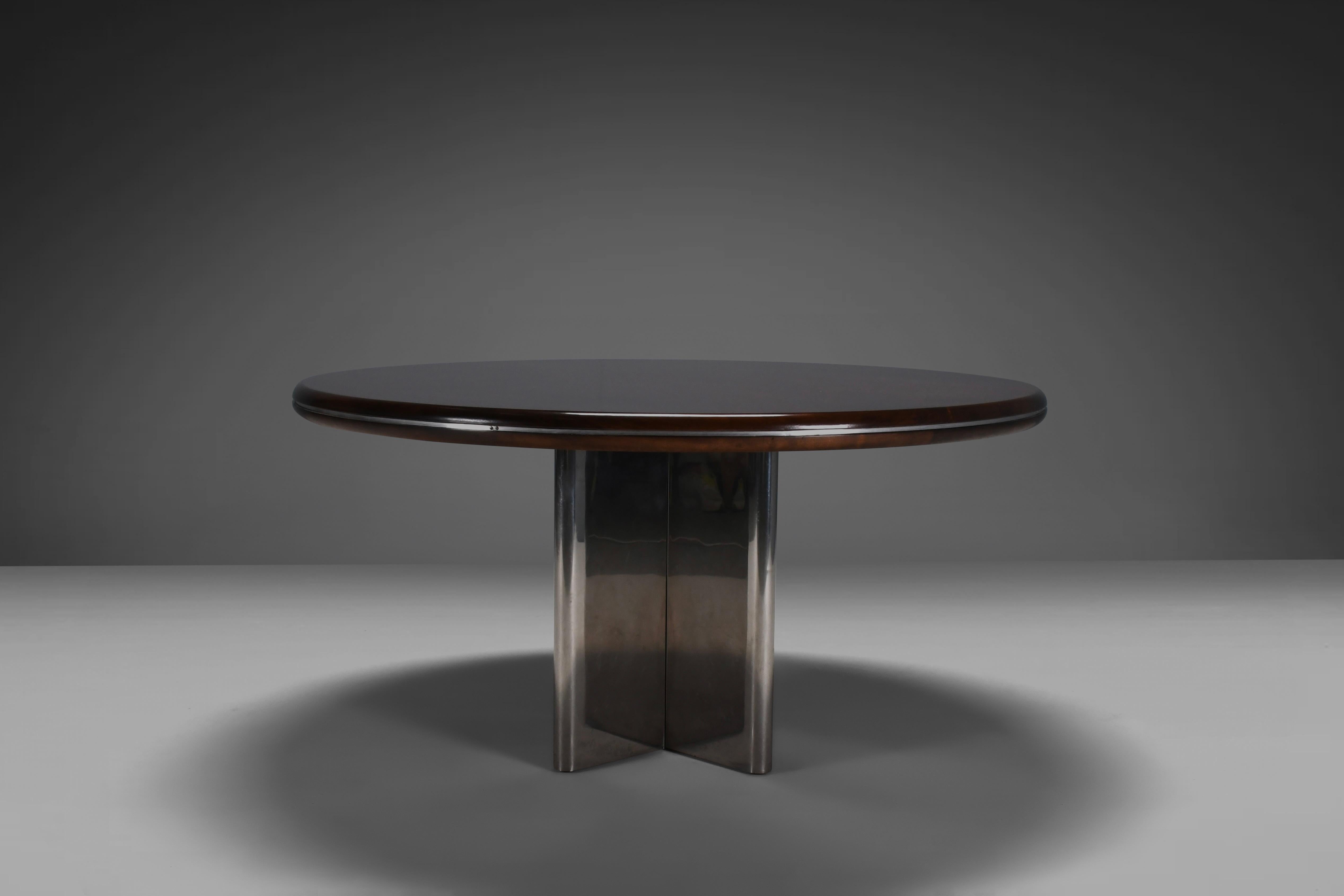 Space Age Rare Round Dining Table by Hans Von Klier for Skipper, Stainless Steel and Wood.
