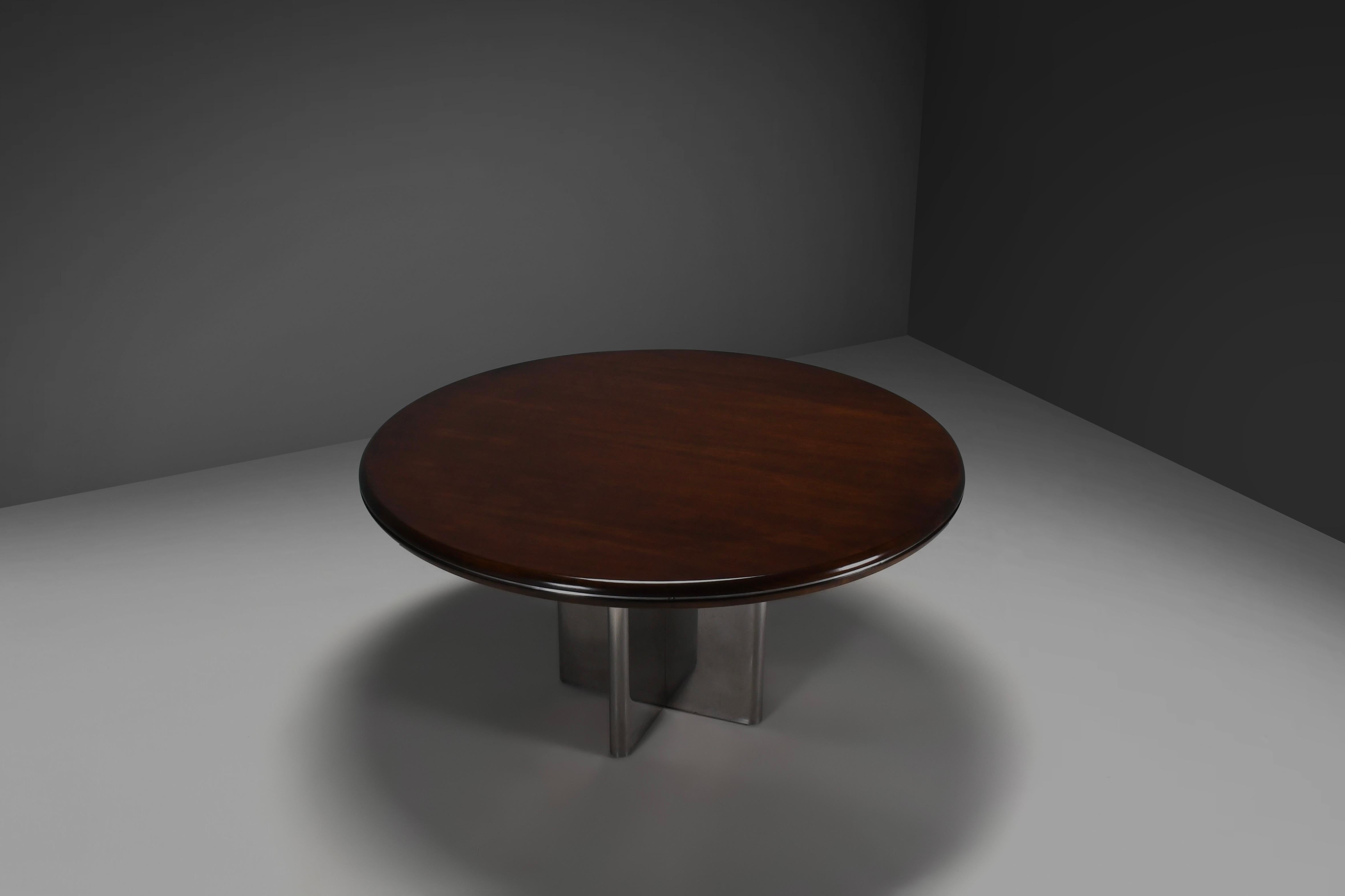 Polished Rare Round Dining Table by Hans Von Klier for Skipper, Stainless Steel and Wood.
