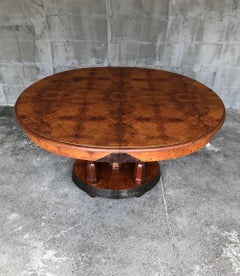 Rare Round French Art Deco Burl Walnut and Teak Dining Table, 1930s