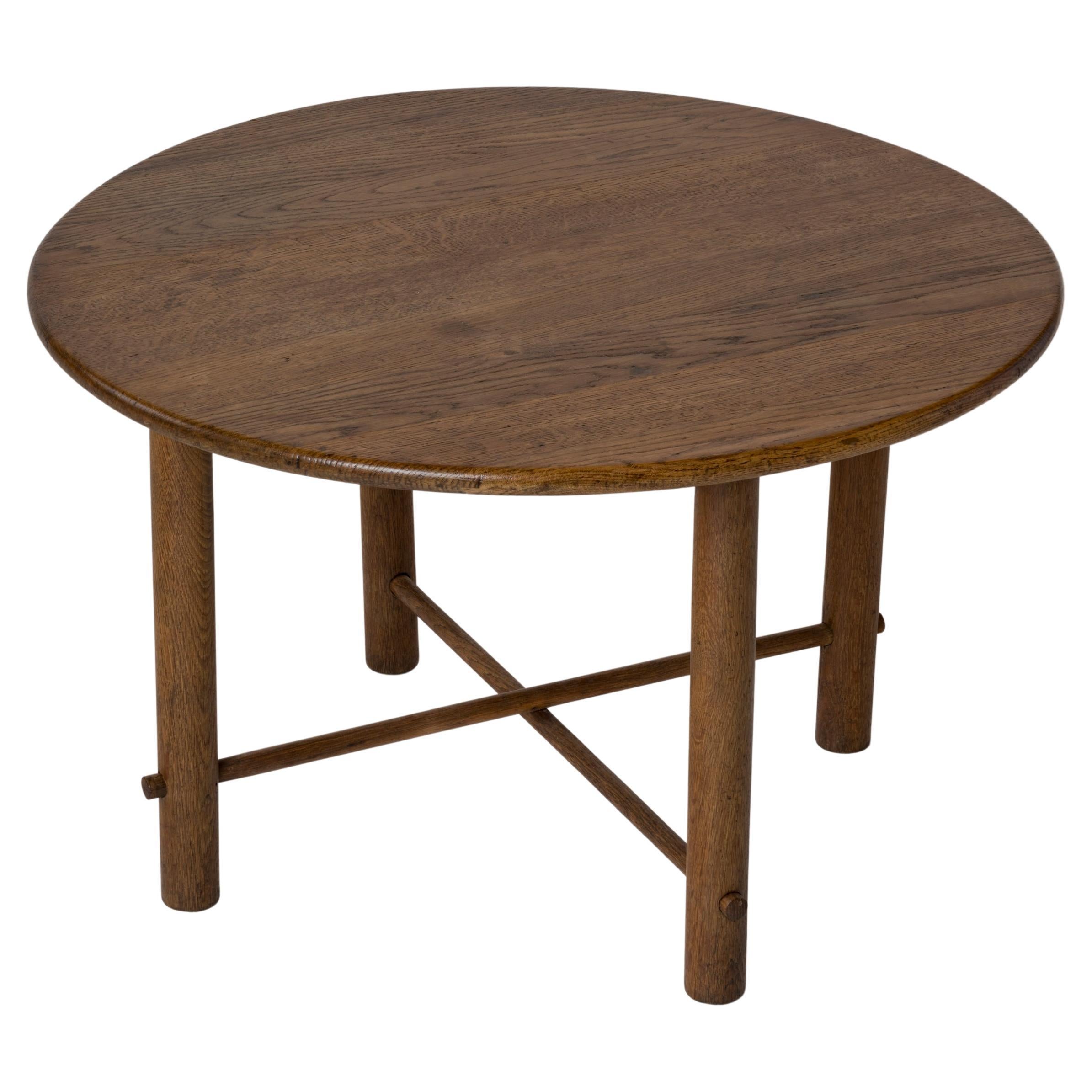 Rare Round Oak Coffee Table with Entretoise by Emile Seigneur - France 1950's For Sale