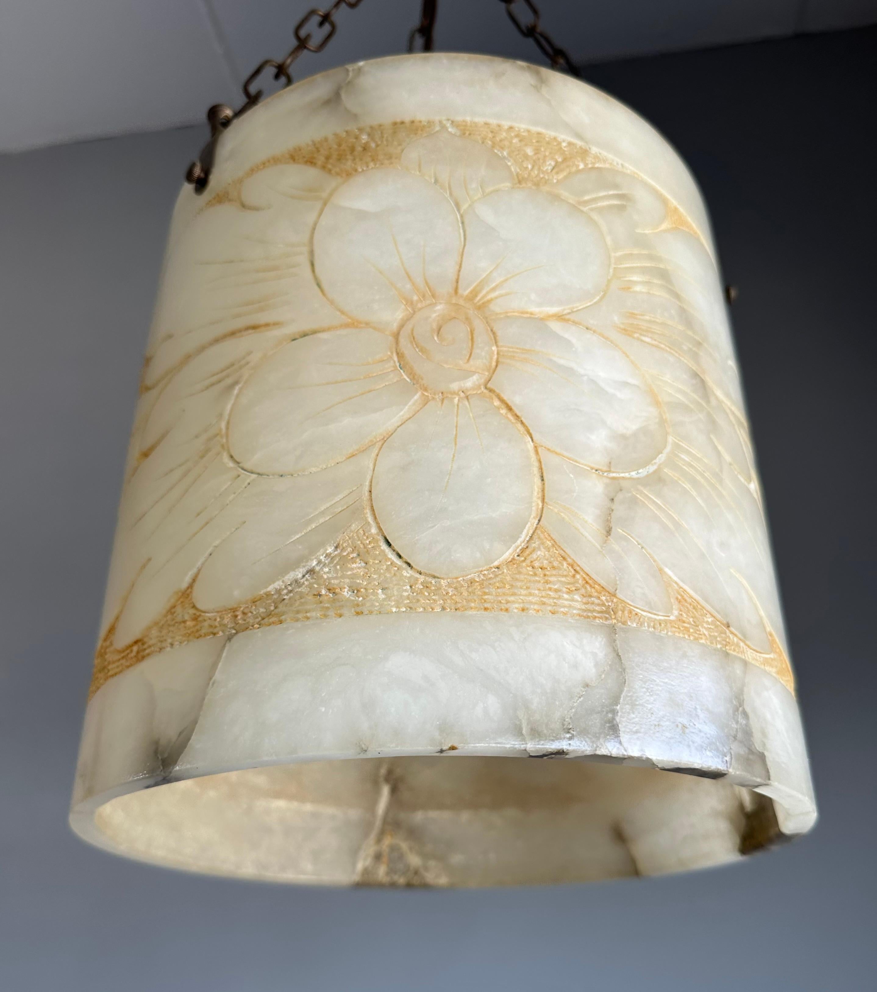 European Rare Round Shape, Alabaster Pendant Light  / Lantern Midcentury Modern Era