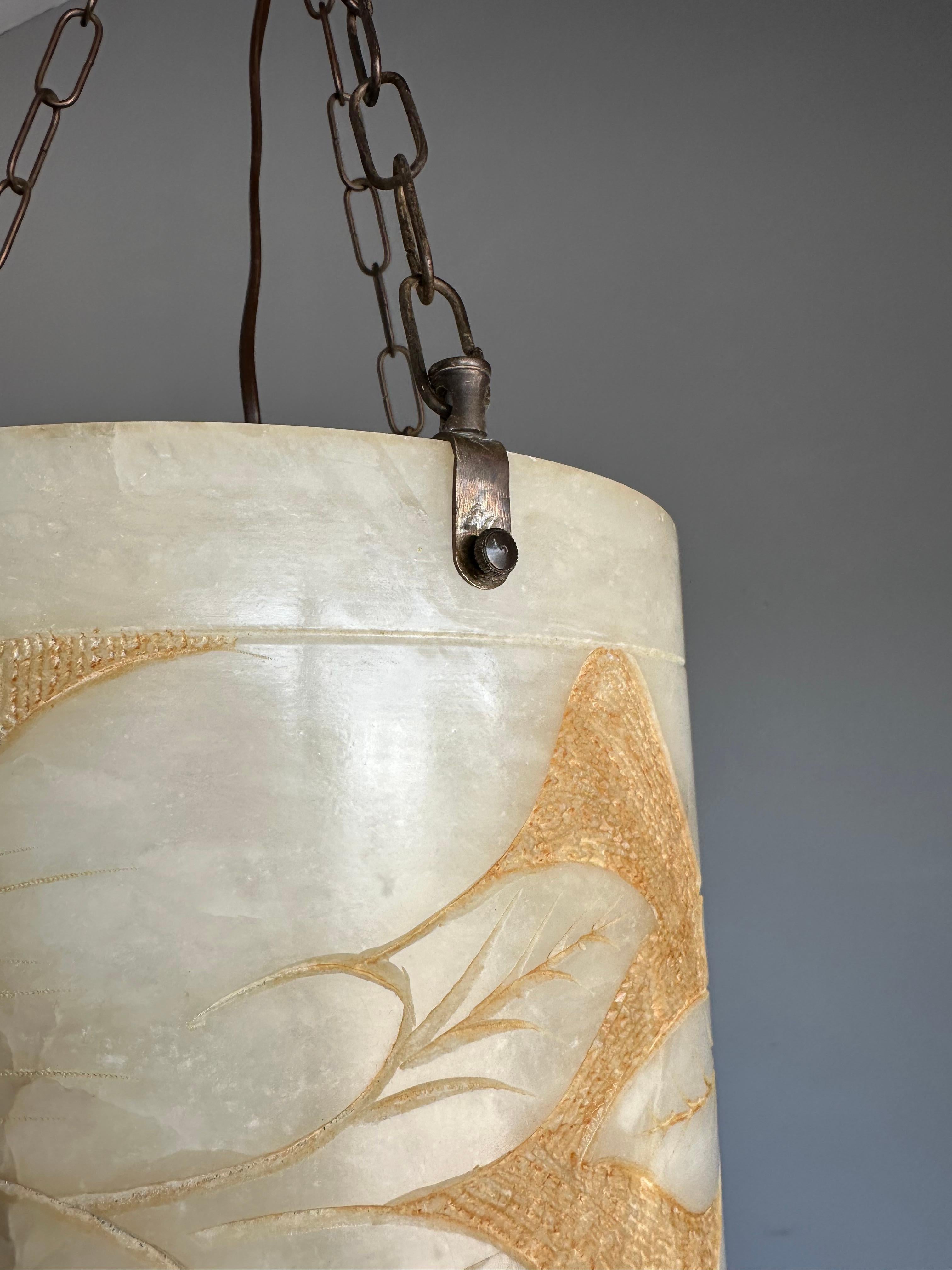 Hand-Carved Rare Round Shape, Alabaster Pendant Light  / Lantern Midcentury Modern Era