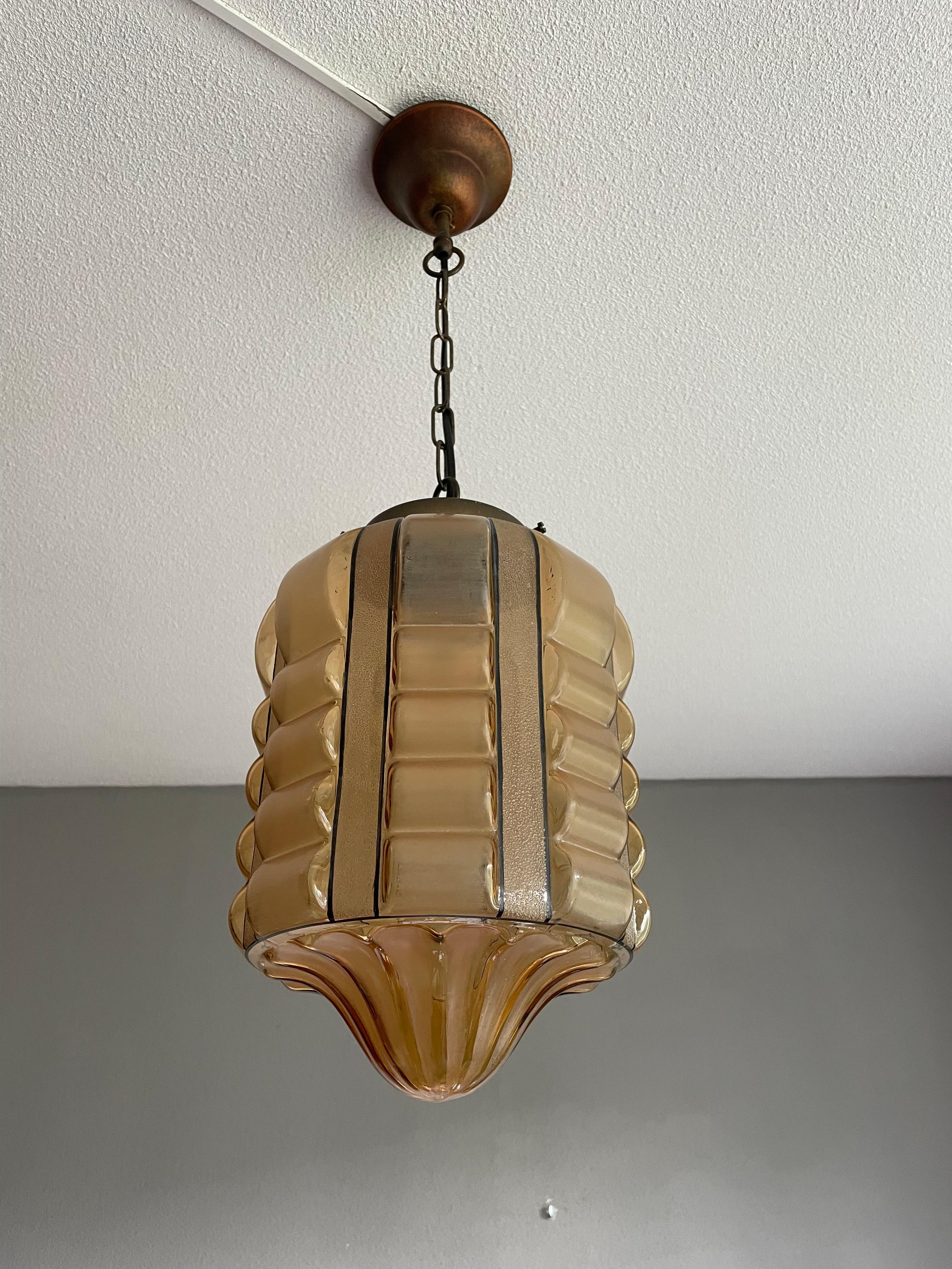 Rare Rounded Geometrical Design Art Deco Pendant Light with Brass Chain & Canopy 9