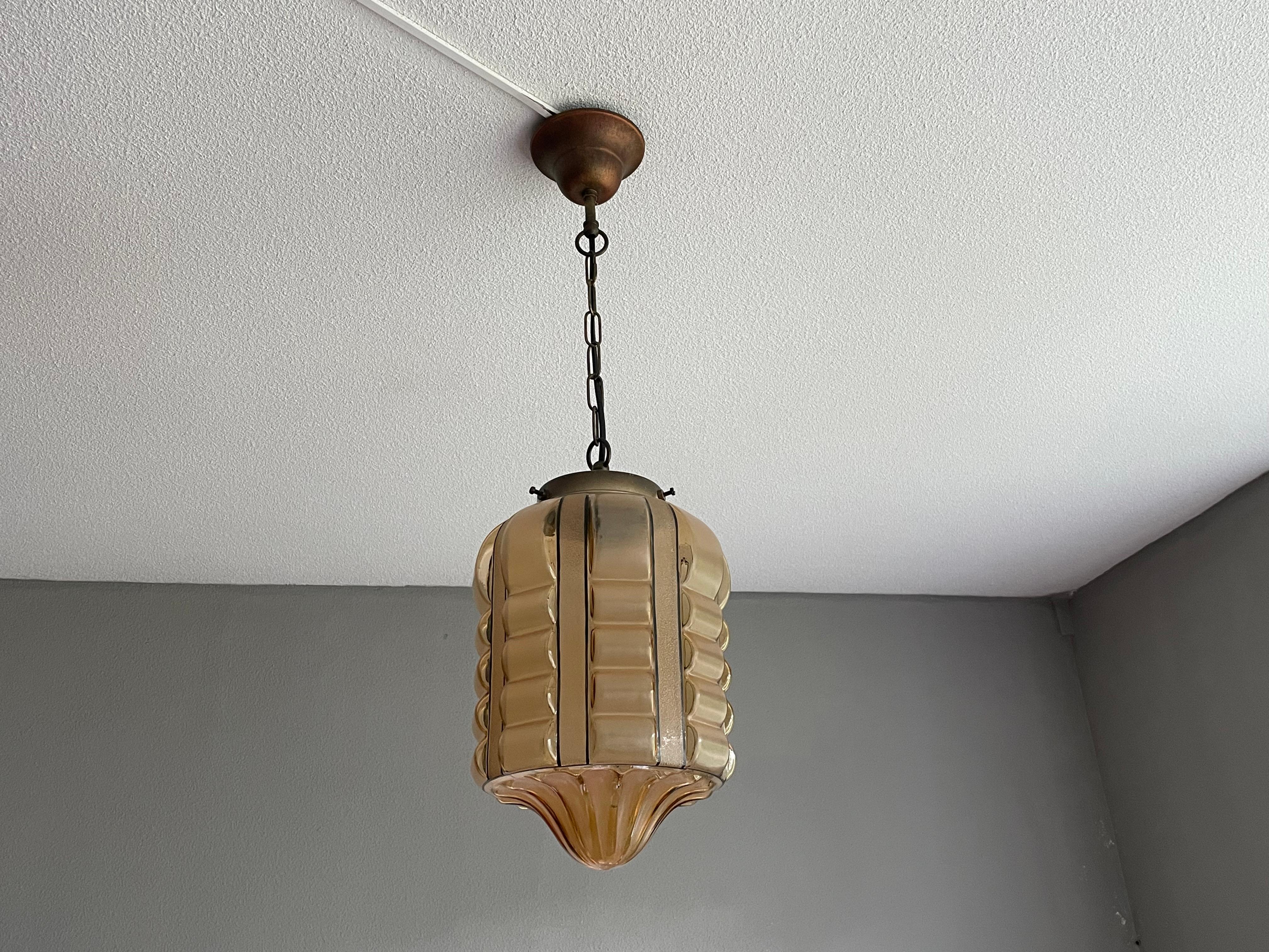 Rare Rounded Geometrical Design Art Deco Pendant Light with Brass Chain & Canopy 14