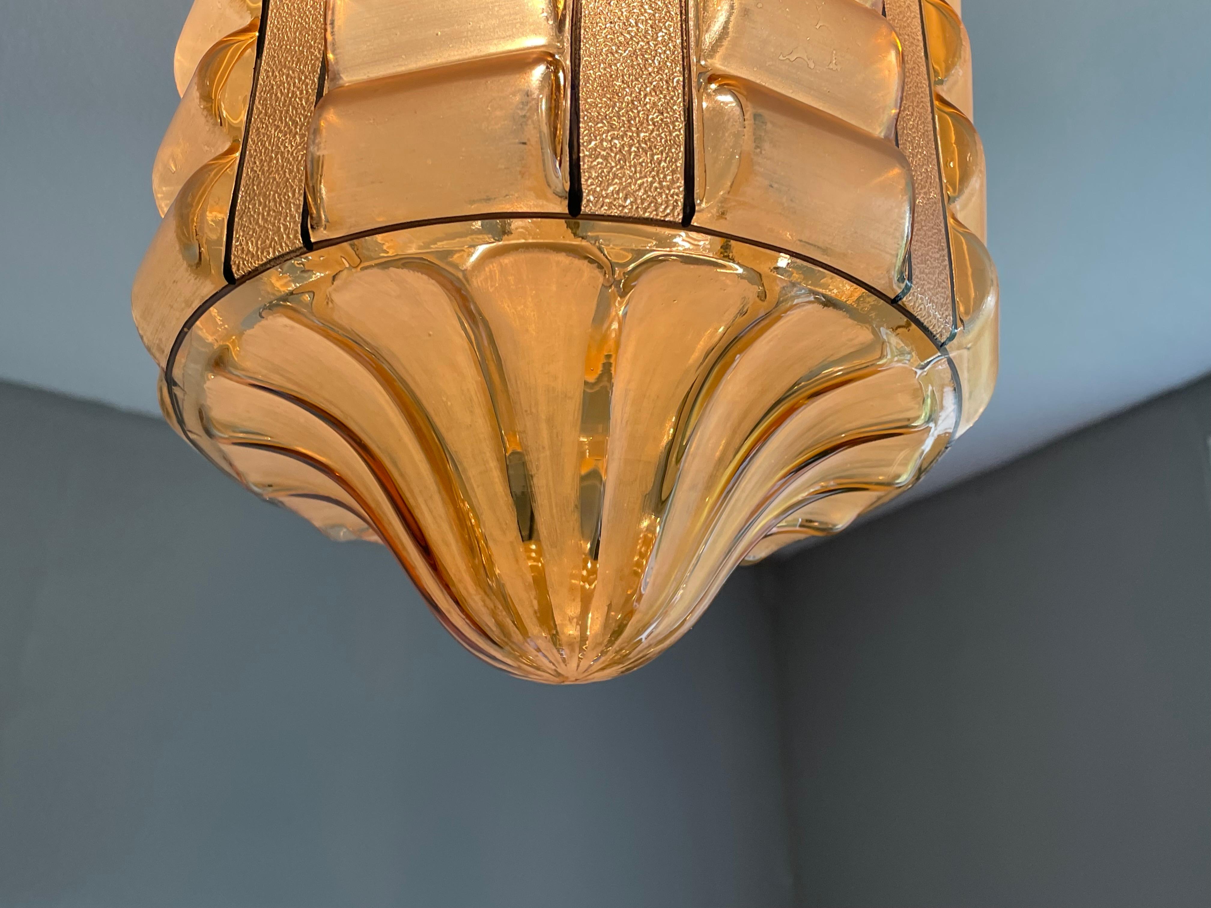 20th Century Rare Rounded Geometrical Design Art Deco Pendant Light with Brass Chain & Canopy