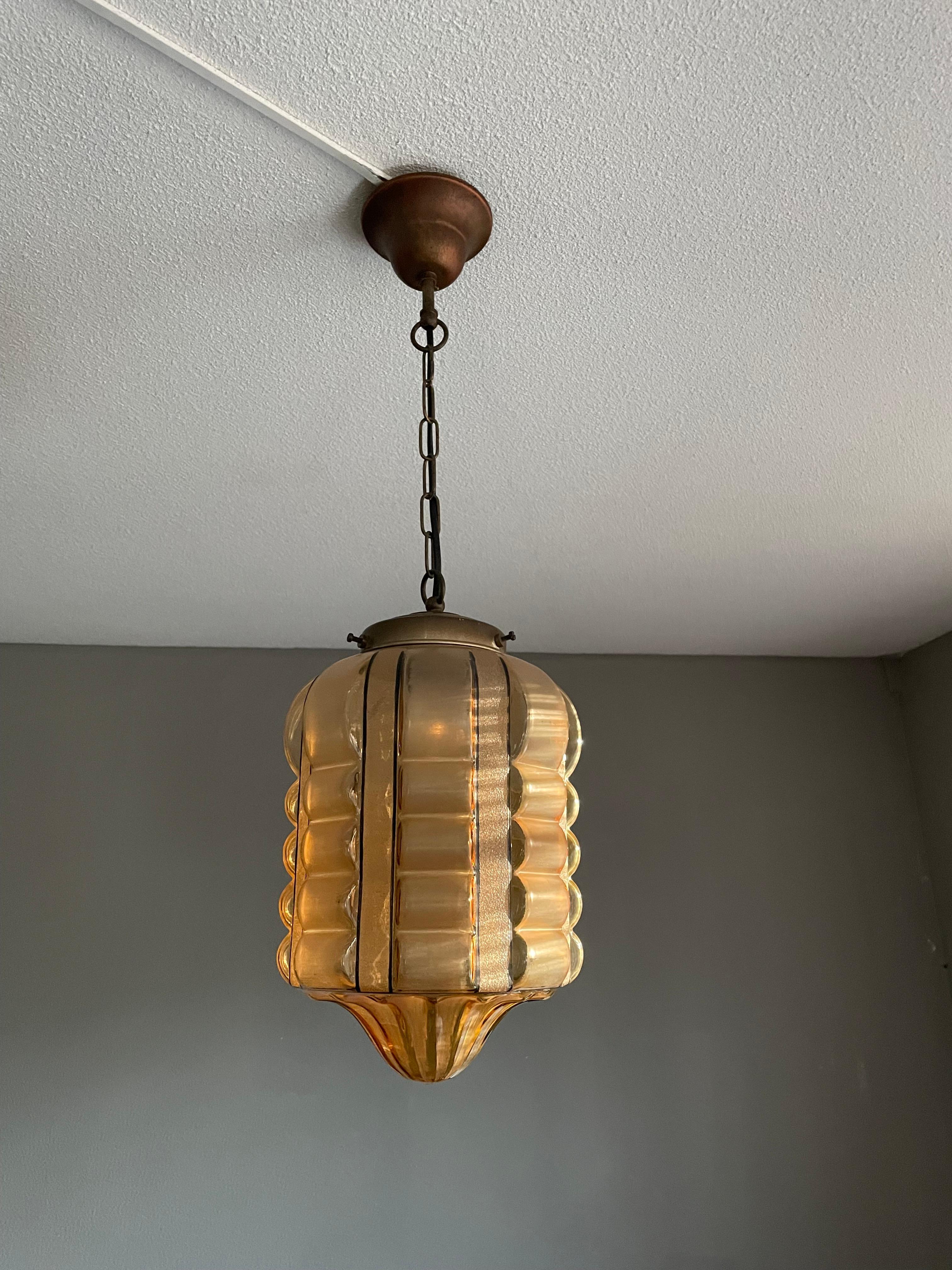 Rare Rounded Geometrical Design Art Deco Pendant Light with Brass Chain & Canopy 3