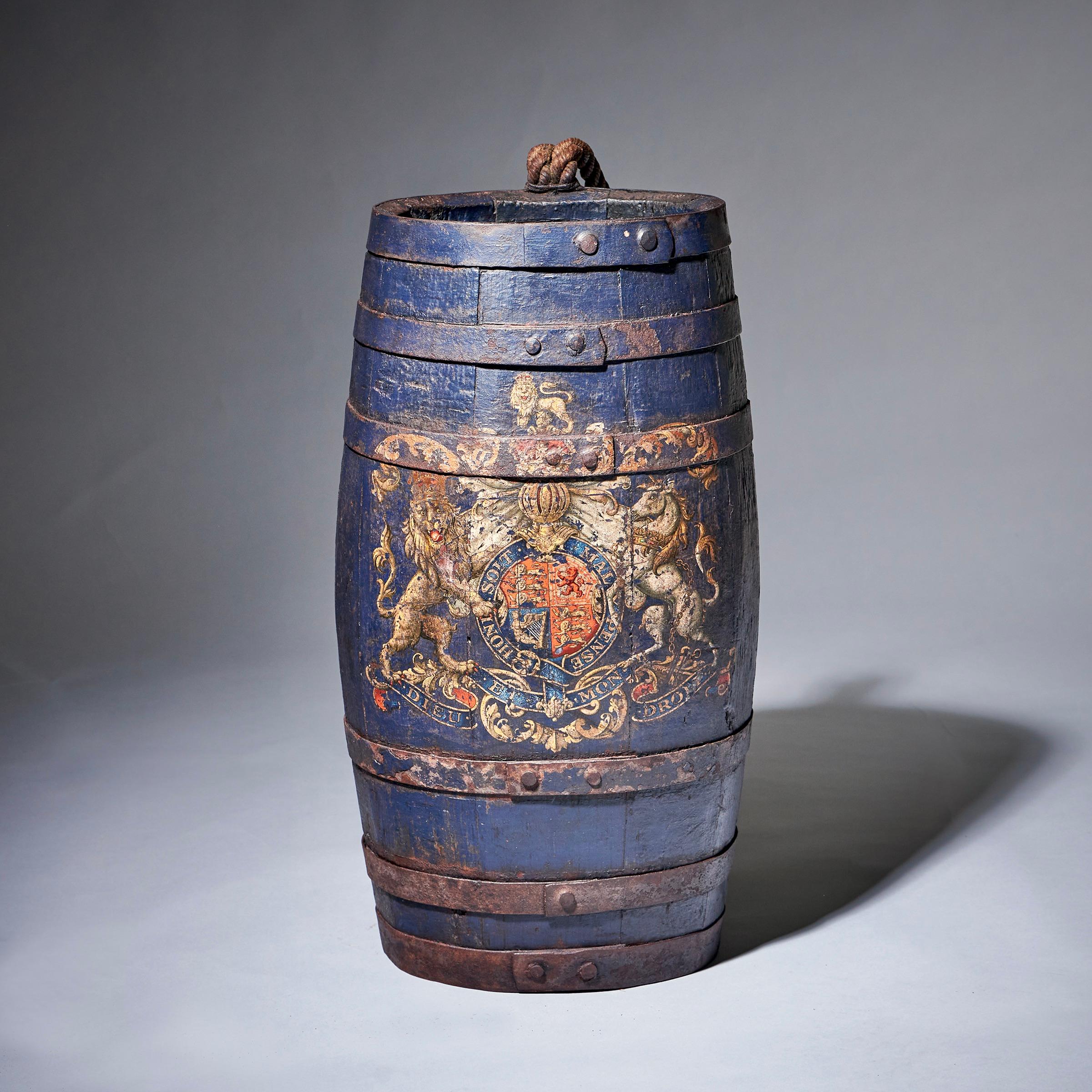 Georgian Rare Royal 18th Century Powder Barrel Stick Stand Decorated with a Coat of Arms