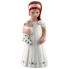 Vintage Rare Royal Copenhagen Porcelain Figurine, Girl with Christmas Stocking