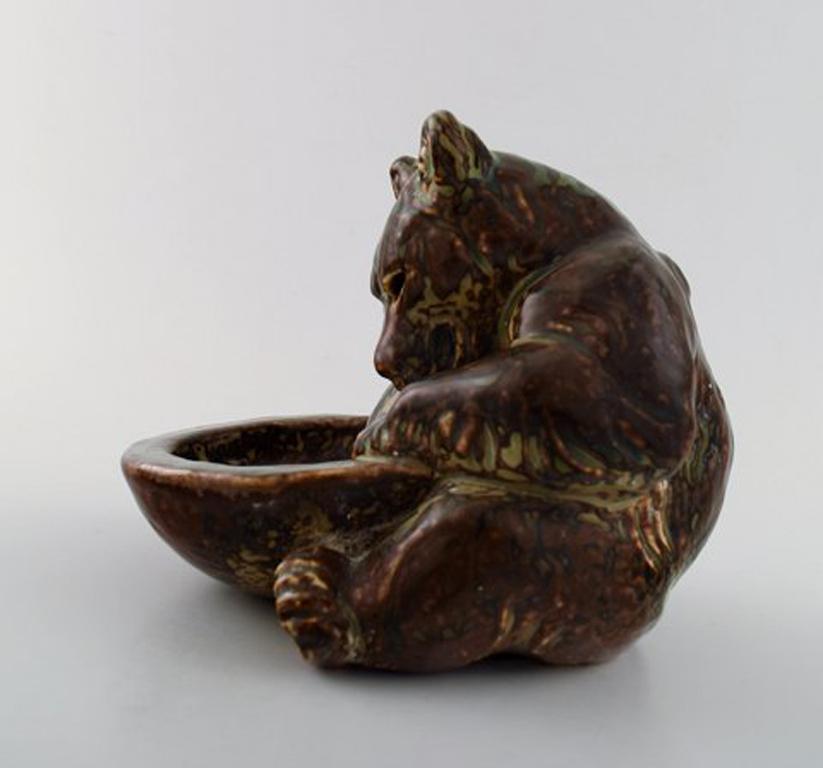 Art Deco Rare Royal Copenhagen Stoneware Figure of Brown Bear with a Vessel, Knud Kyhn