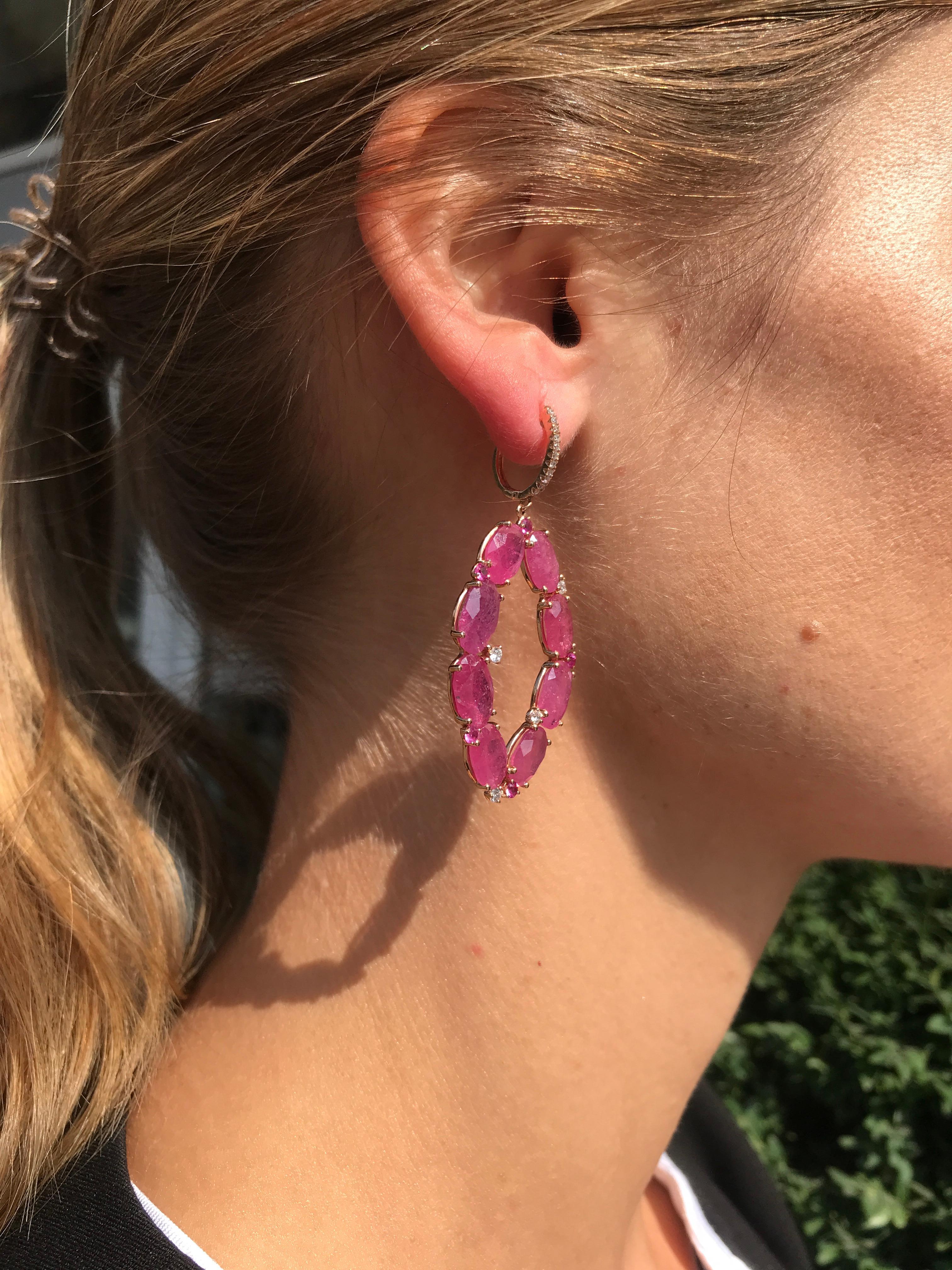 Rare Ruby and Diamond Designer Drop Investment Rose Gold Level Back Earrings In New Condition For Sale In Montreux, CH