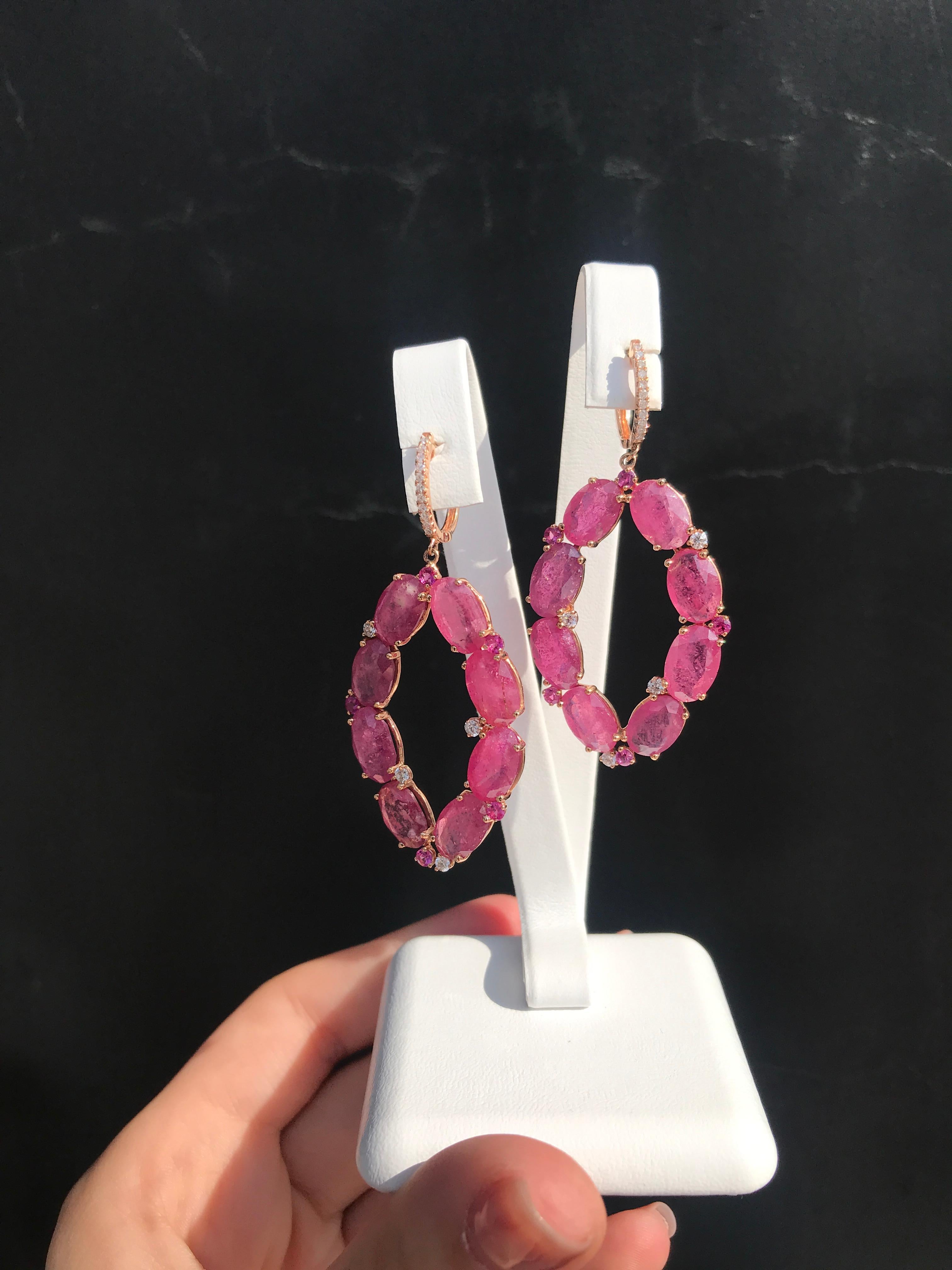 Rare Ruby and Diamond Designer Drop Investment Rose Gold Level Back Earrings For Sale 1