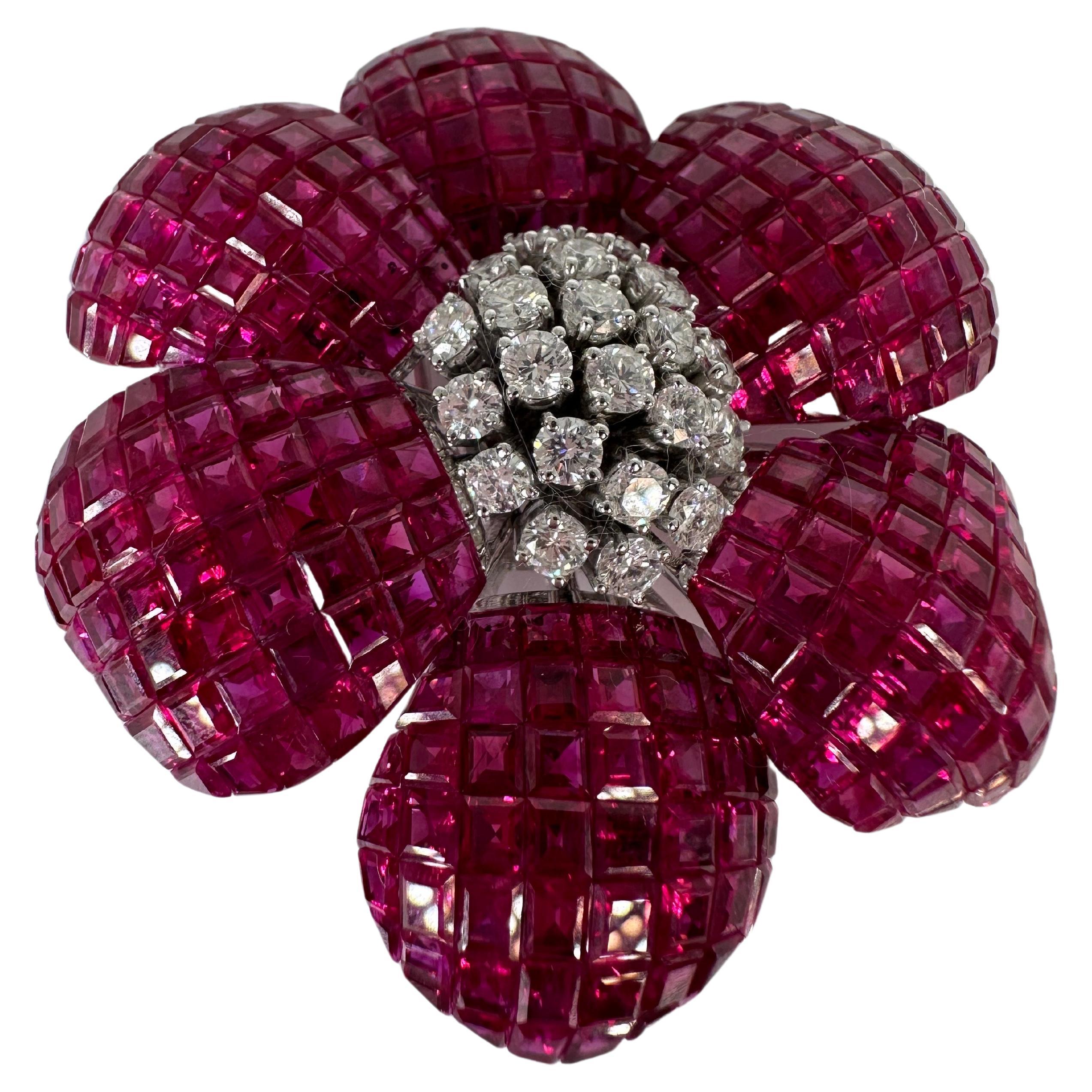 Rare ruby & diamond brooch in 18KT white gold For Sale
