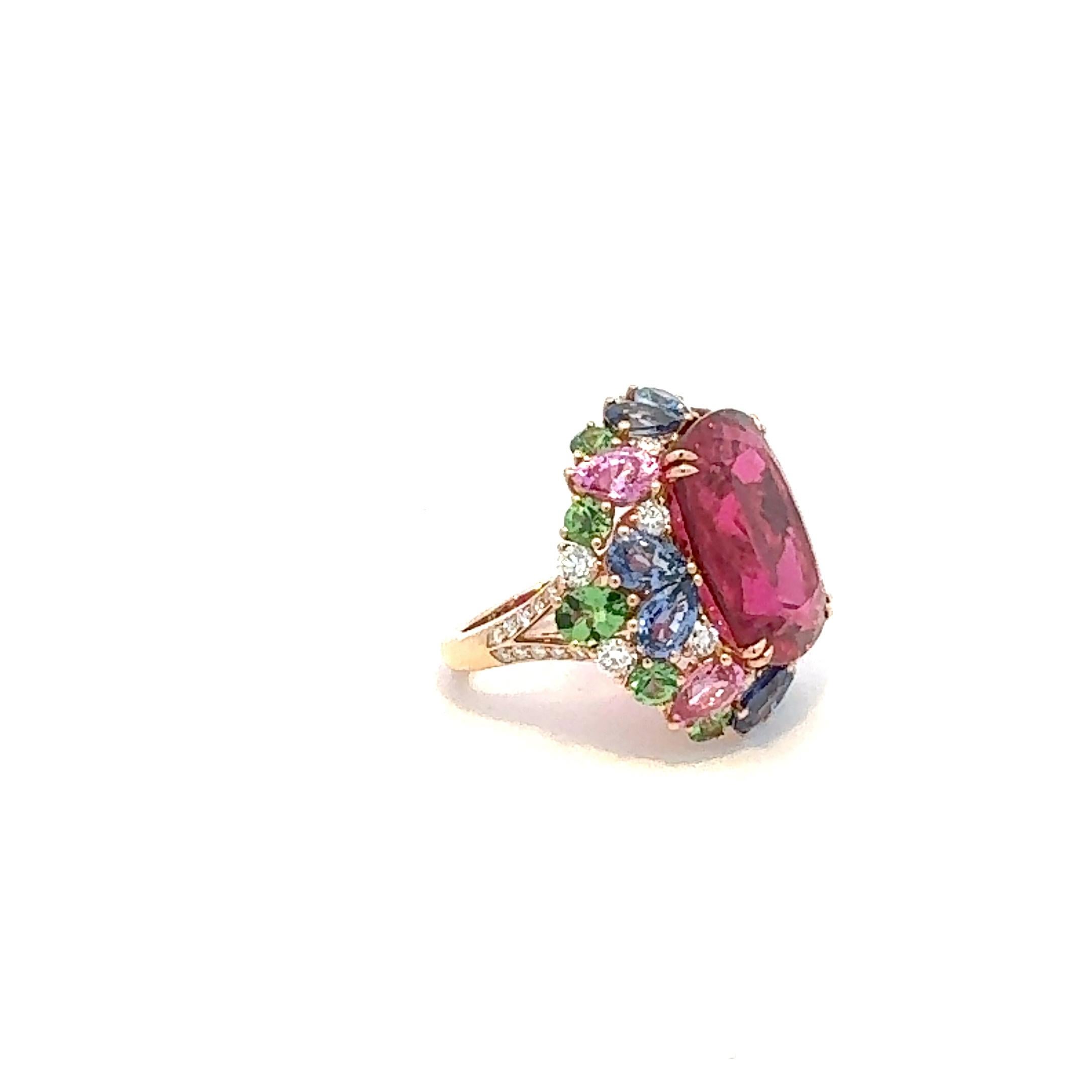 Modern Rare Ruby Pink Sapphire Emerald Diamond 18K yellow Gold Ring For Her For Sale