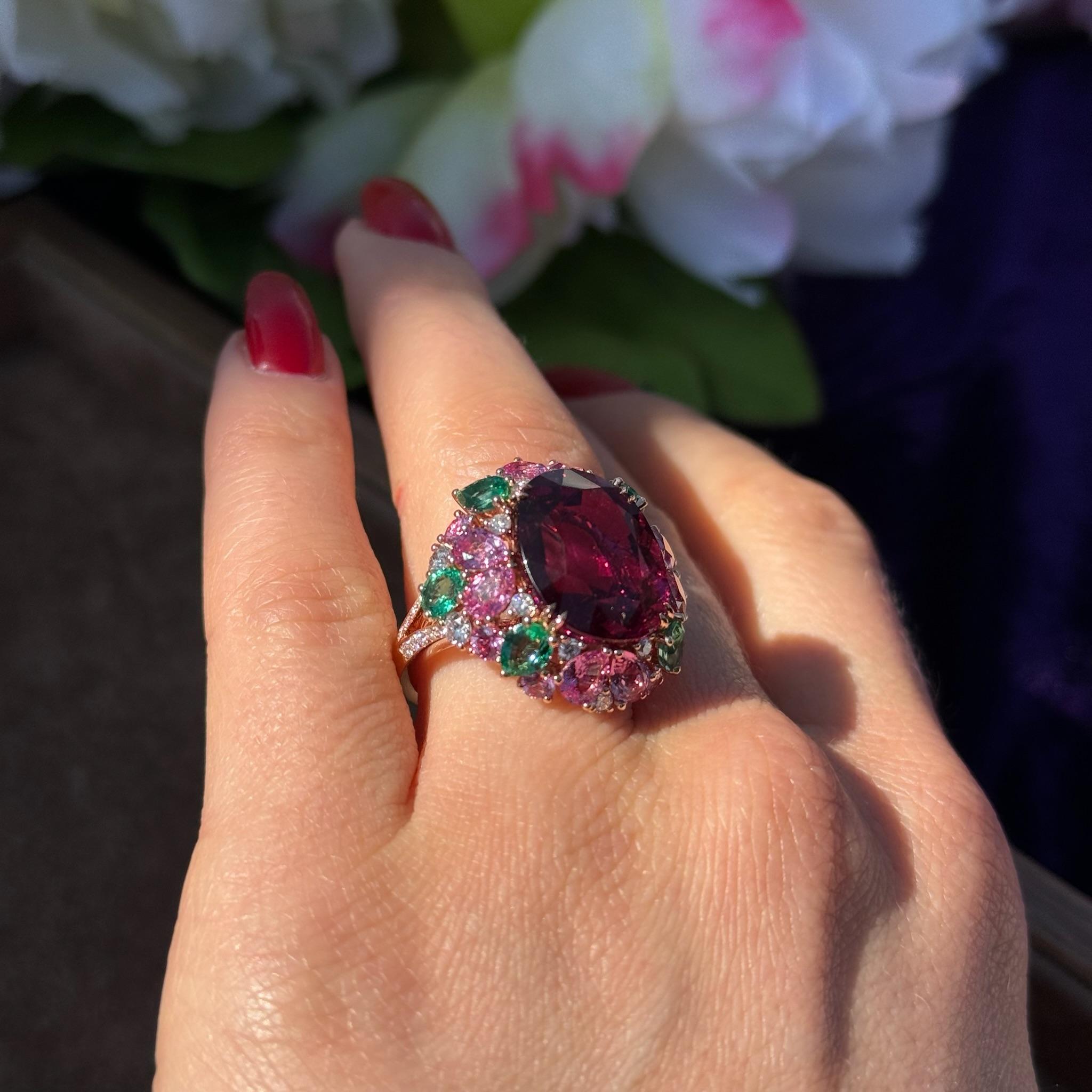 Rough Cut Rare Ruby Pink Sapphire Emerald Diamond 18K yellow Gold Ring For Her For Sale