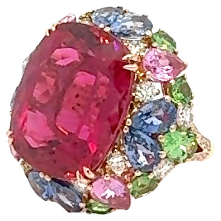 Rare Ruby Pink Sapphire Emerald Diamond 18K yellow Gold Ring For Her