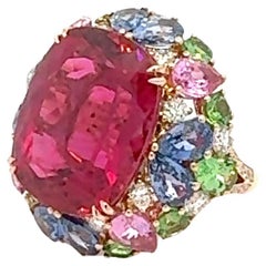 Rare Ruby Pink Sapphire Emerald Diamond 18K yellow Gold Ring For Her