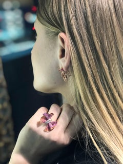 Rare Ruby Pink Sapphire White Diamond Flower Rose Gold Flower Earrings