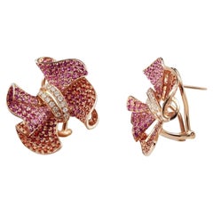 Rare Ruby Pink Sapphire White Diamond Flower Rose Gold Flower Earrings