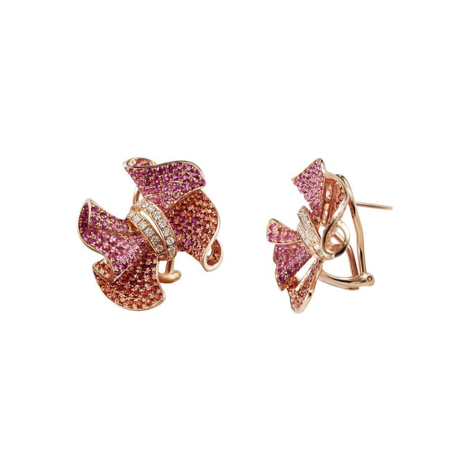 Rare Ruby Pink Sapphire White Diamond Flower Rose Gold Flower Earrings For Sale