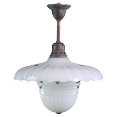 Rare Ruffled Milk Glass Fluted Semi Flush Pendant Light