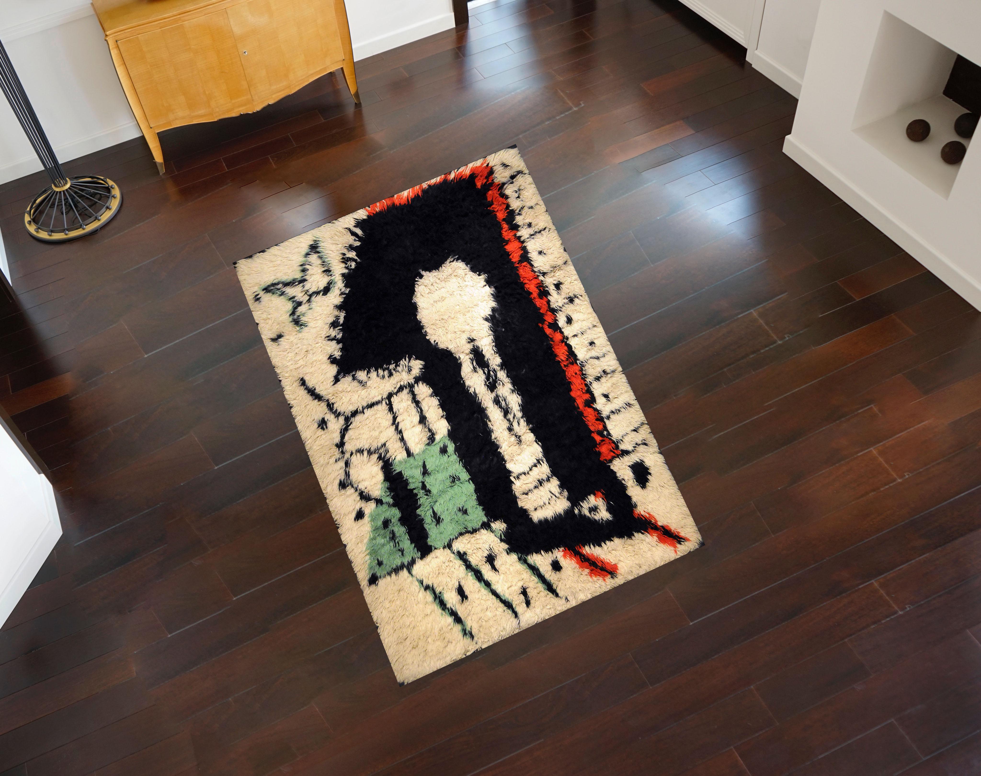 Rare rug designed by Pablo Picasso
Title: La Serrure
Year: circa 1955
Material: Wool
Dimensions: 200 x 154 cm / 6.56 x 5.1 ft.
Edition 1/1

Pablo Picasso, the Spanish painter, sculptor, printmaker, ceramicist, stage designer, poet and playwright is