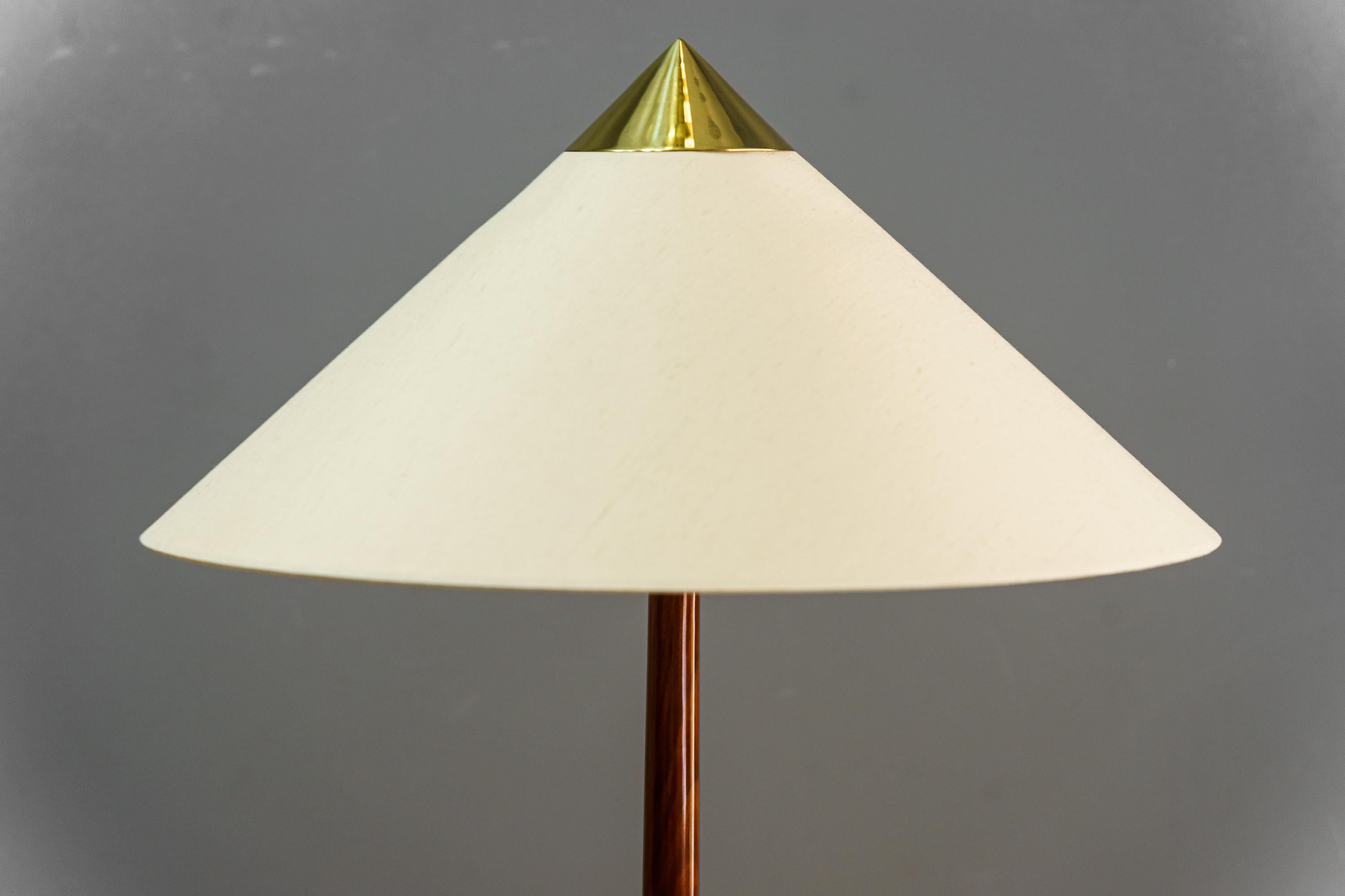 Rare Rupert Nikoll floor lamp vienna around 1950s
Wood polished 
The fabric shade is replaced ( new )