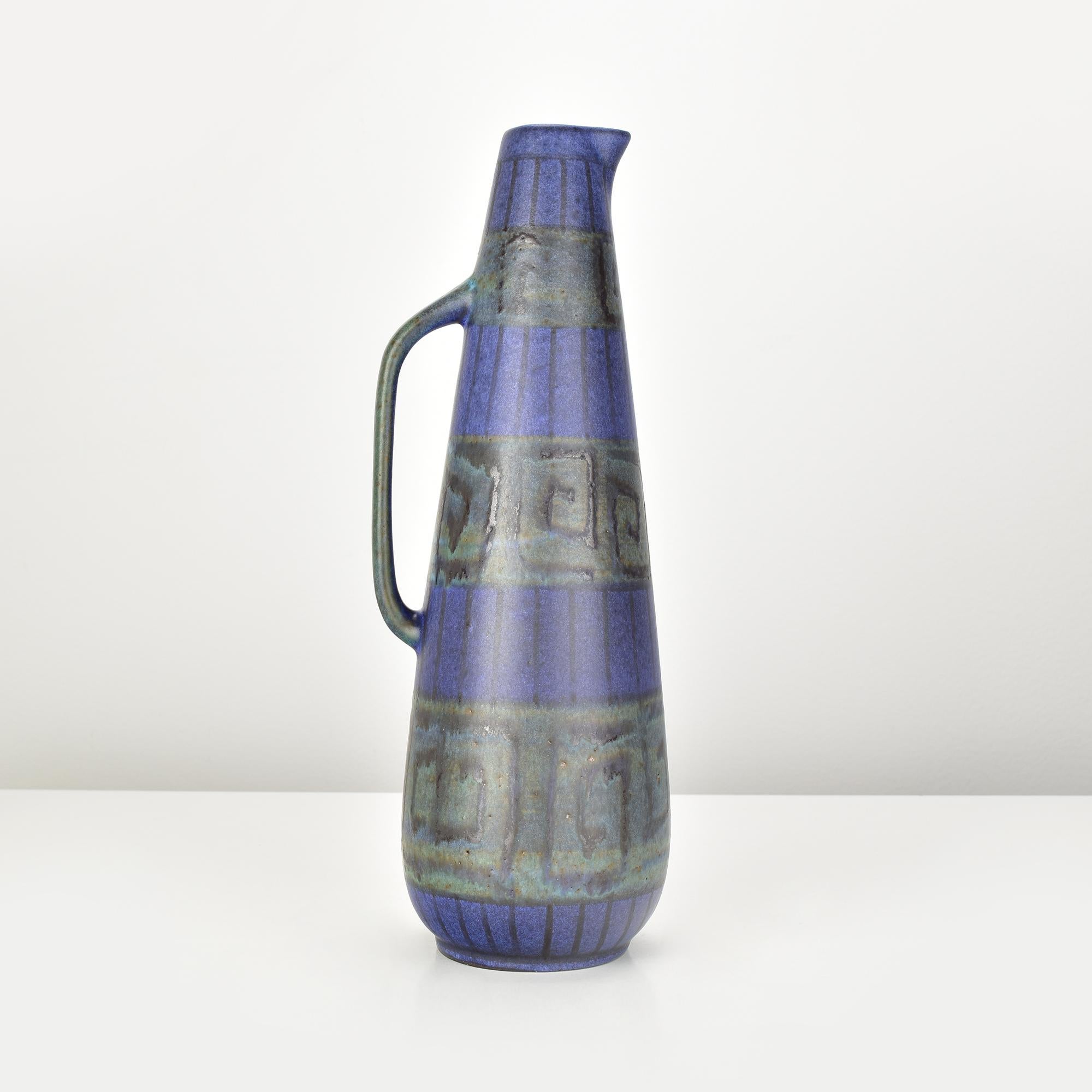 German Rare Ruscha Hellas Handled Jug Vase Geomitric Pattern Pottery Vase MCM For Sale
