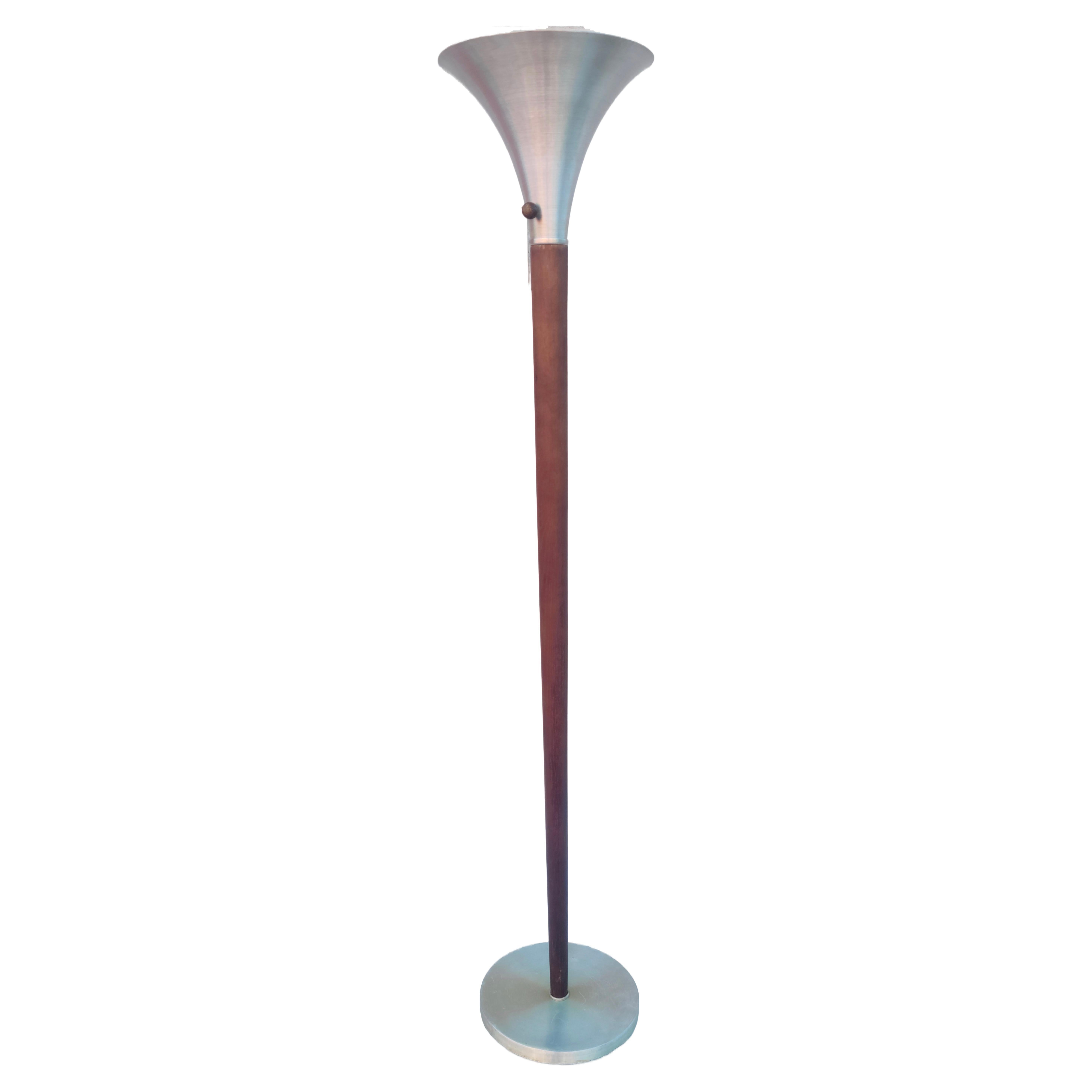 Rare Russel Wright Floor Lamp Spun Aluminum Oak Wright Accessories Inc In Fair Condition For Sale In Fraser, MI