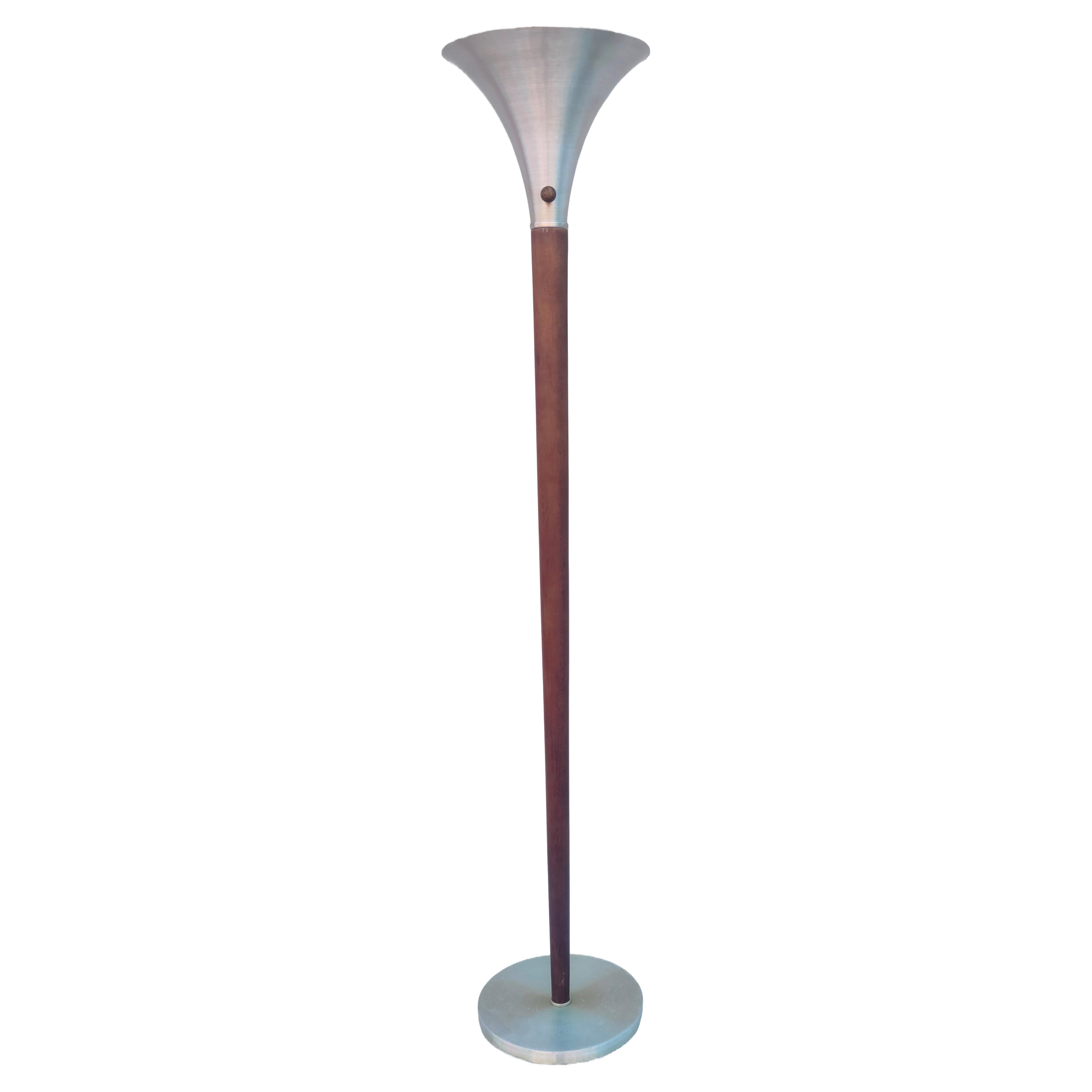 Mid-20th Century Rare Russel Wright Floor Lamp Spun Aluminum Oak Wright Accessories Inc For Sale