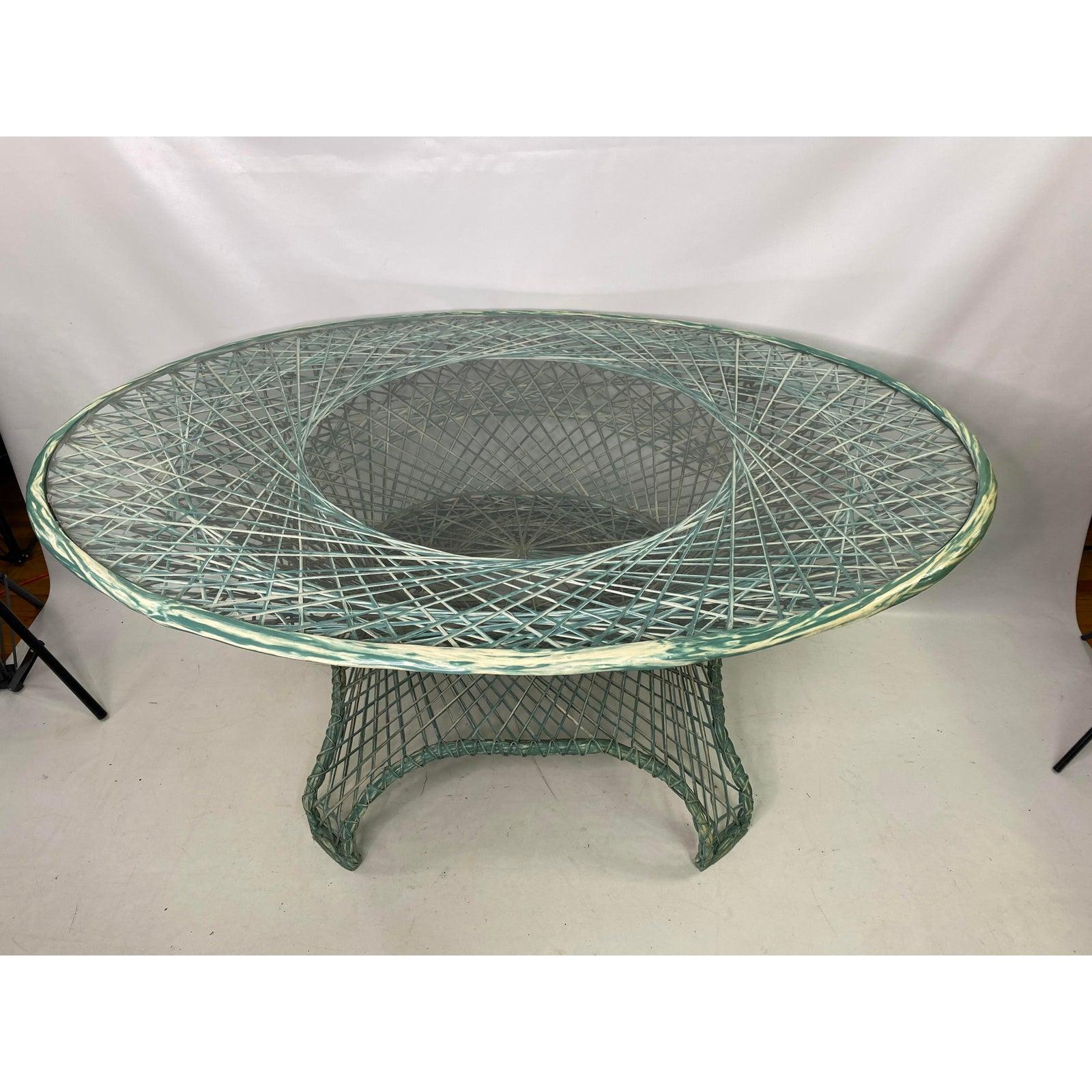 Mid-Century Modern Rare table et chaises Russell Woodard en fibre de verre filée vert/crème, 6 pièces en vente