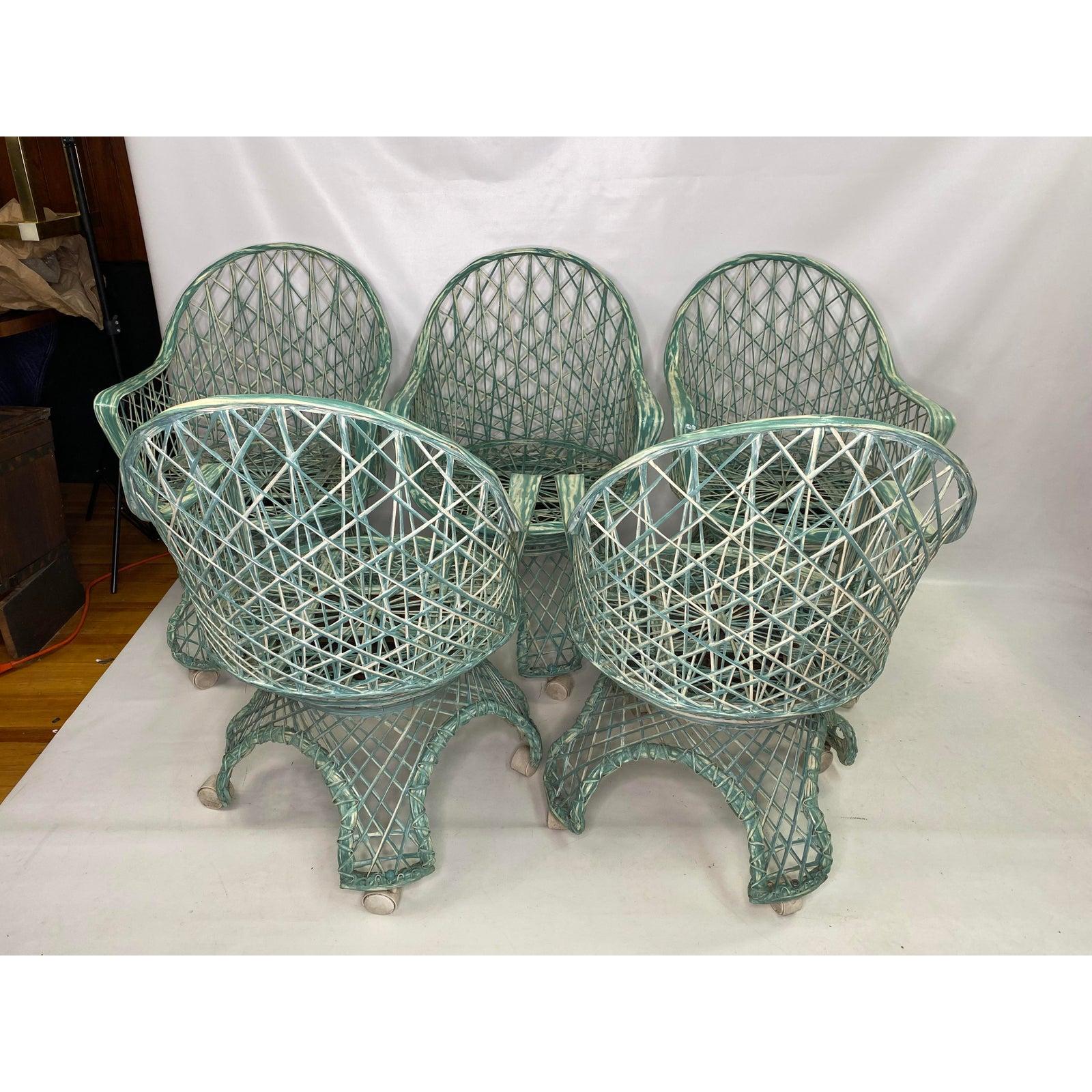 Rare table et chaises Russell Woodard en fibre de verre filée vert/crème, 6 pièces Bon état - En vente à Esperance, NY