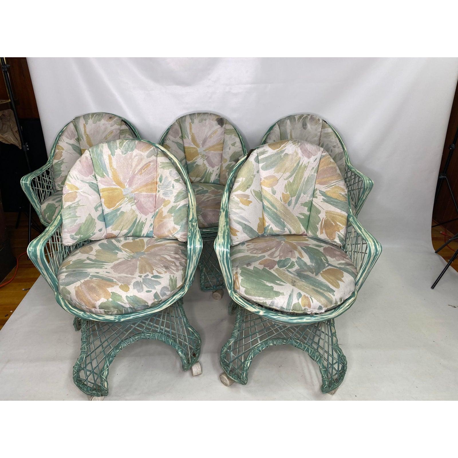 Raro Russell Woodard Mesa y sillas de fibra de vidrio hilada verde/crema, 6 piezas finales del siglo XX en venta
