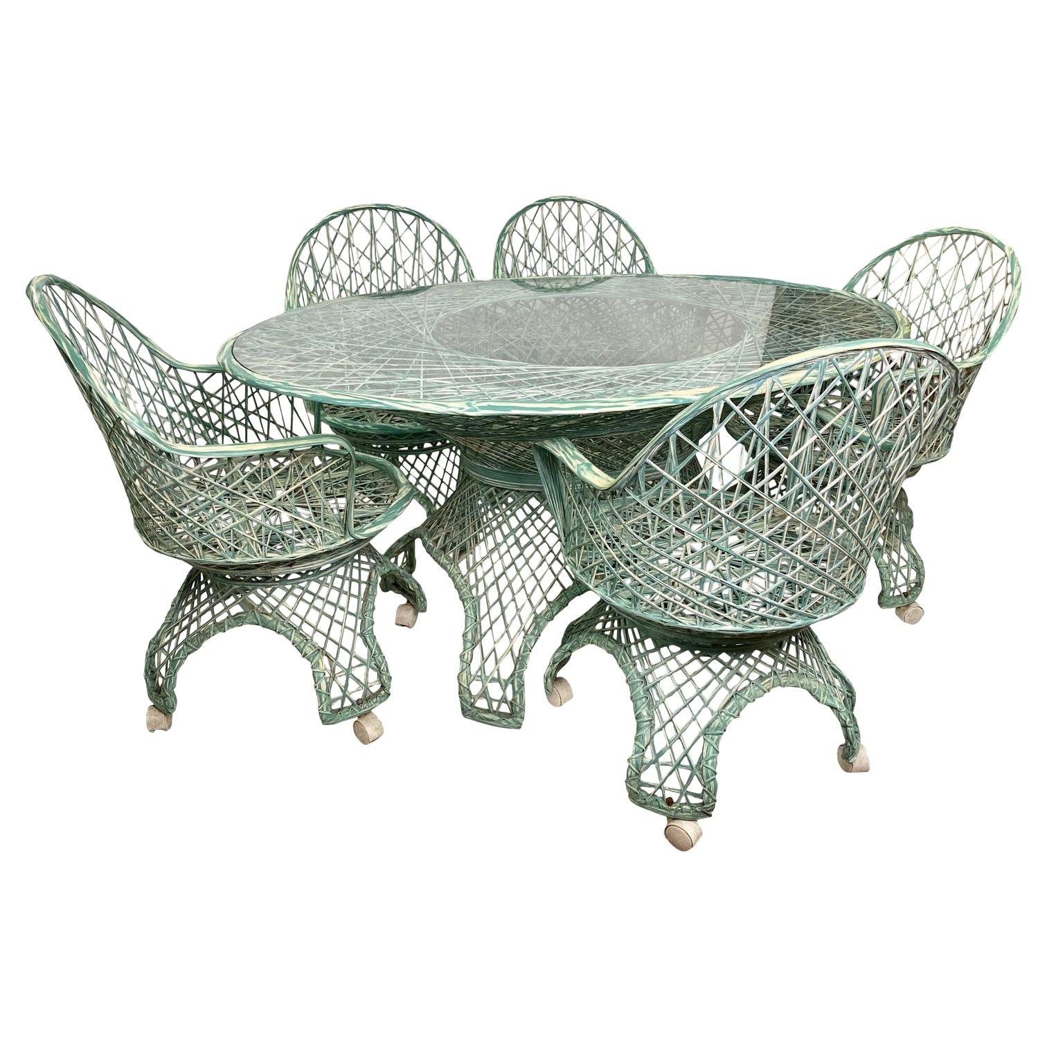 Rare Russell Woodard Green/Cream Spun Fiberglass Table and Chairs, 6 Pieces