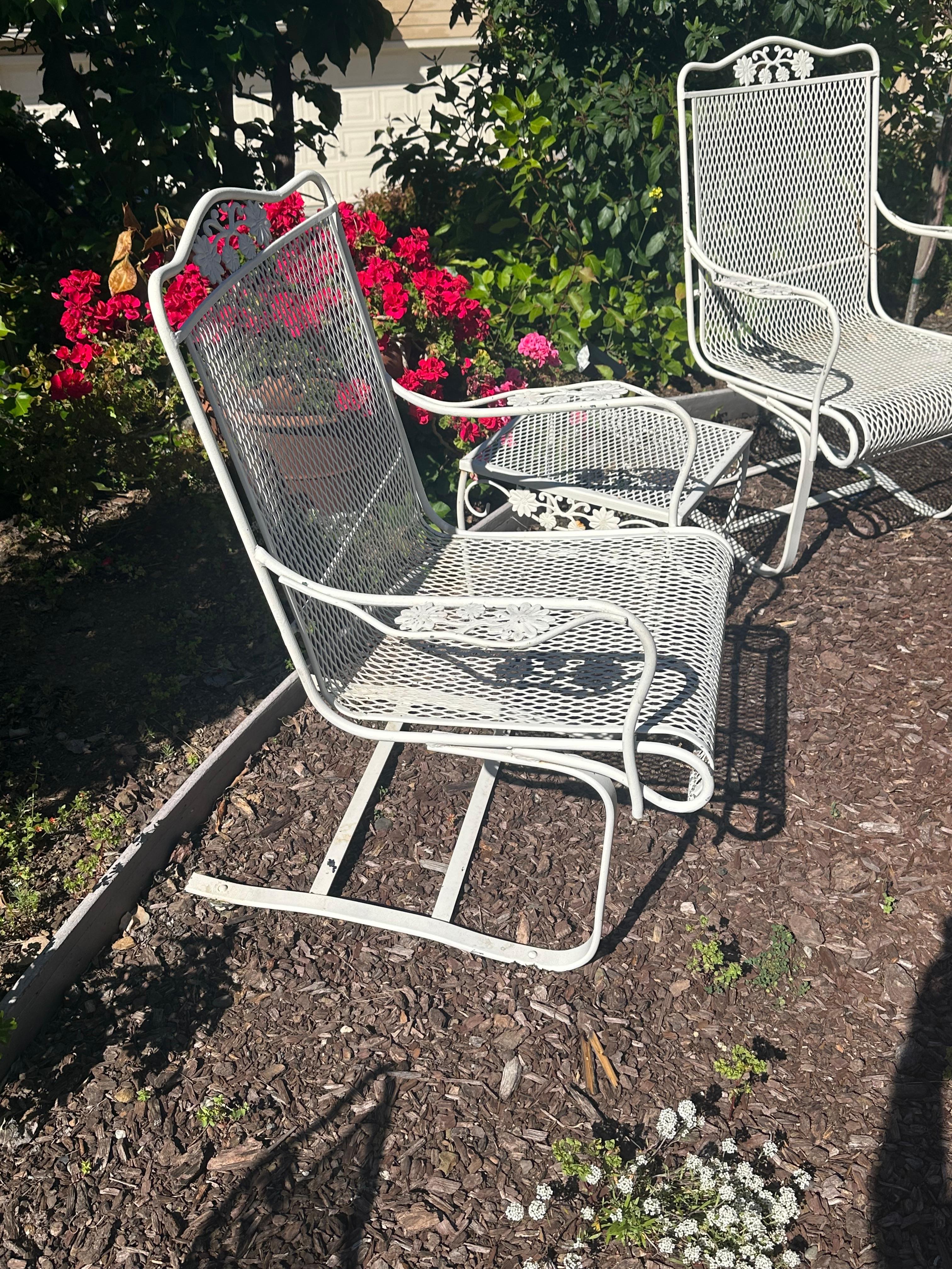 American Rare Russell Woodard Rocking chairs + Side Table, Salterini, Wrought Iron, MCM For Sale