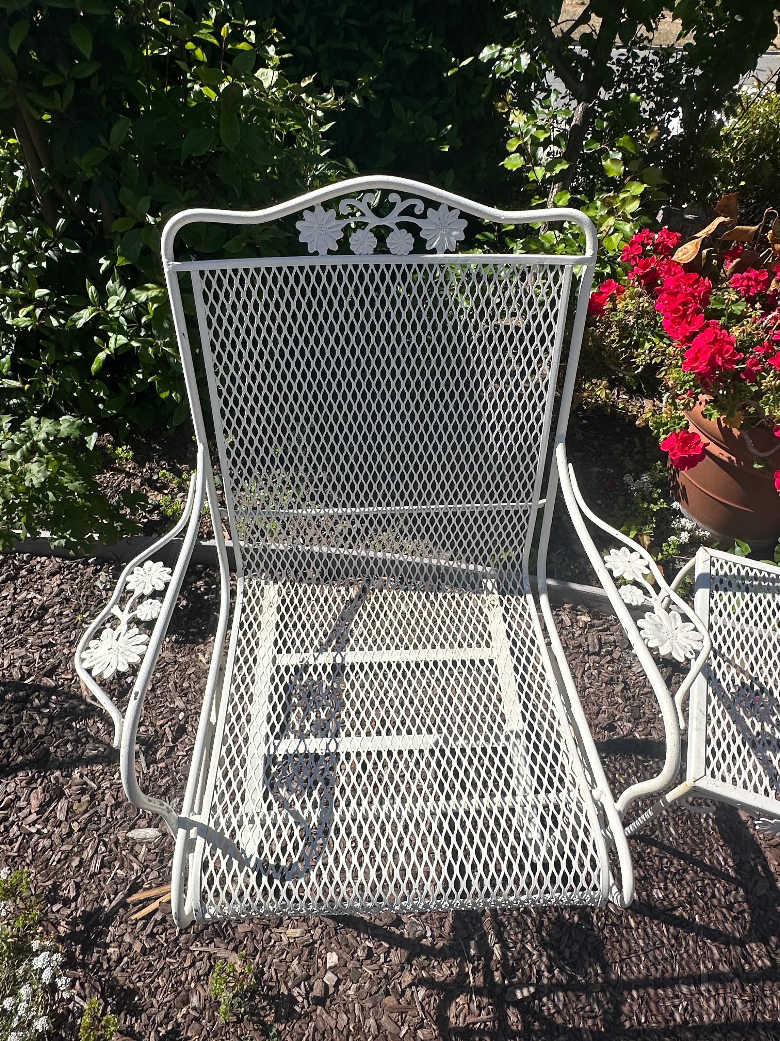 Hand-Crafted Rare Russell Woodard Rocking chairs + Side Table, Salterini, Wrought Iron, MCM For Sale