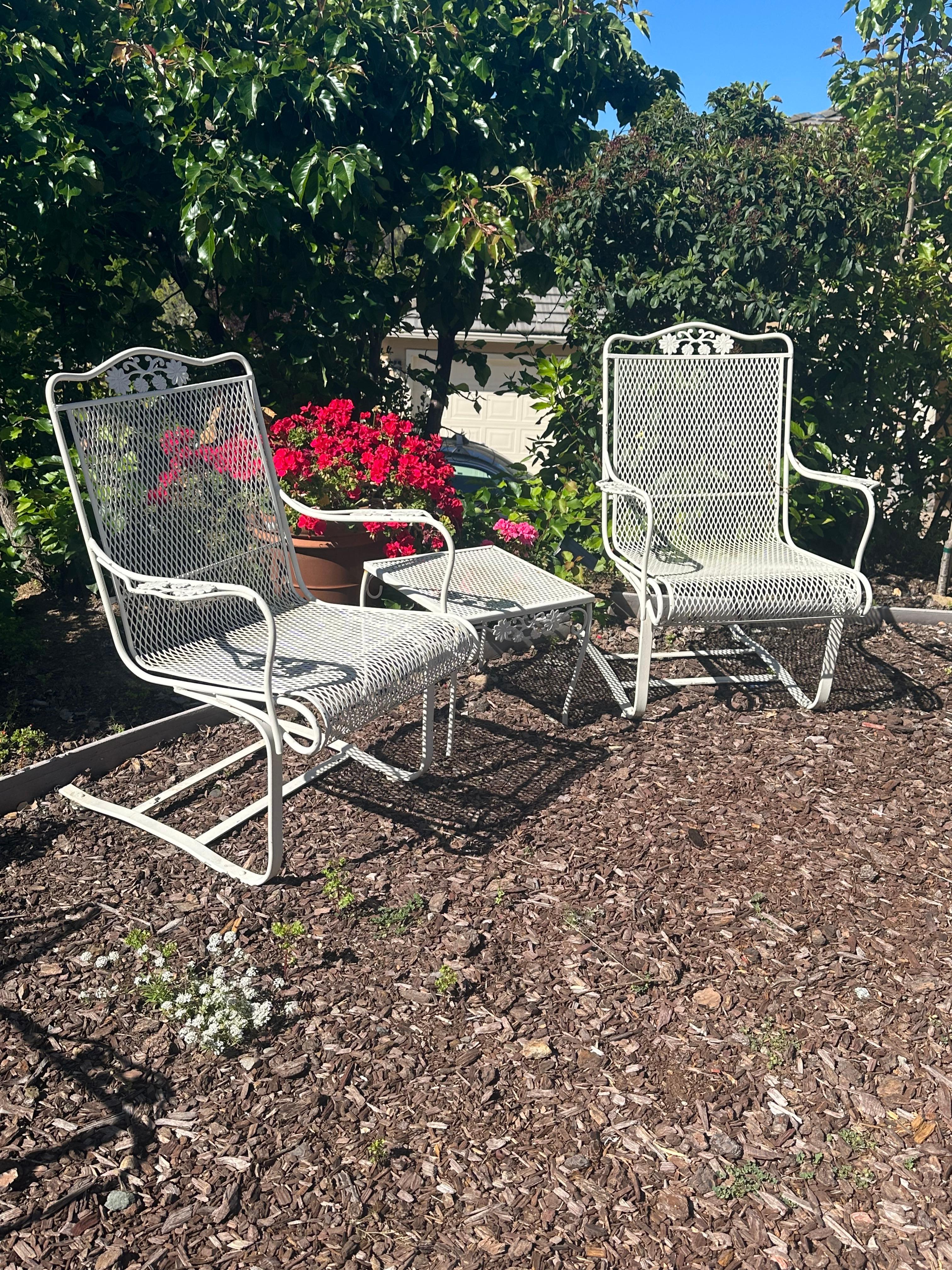 Mid-20th Century Rare Russell Woodard Rocking chairs + Side Table, Salterini, Wrought Iron, MCM For Sale