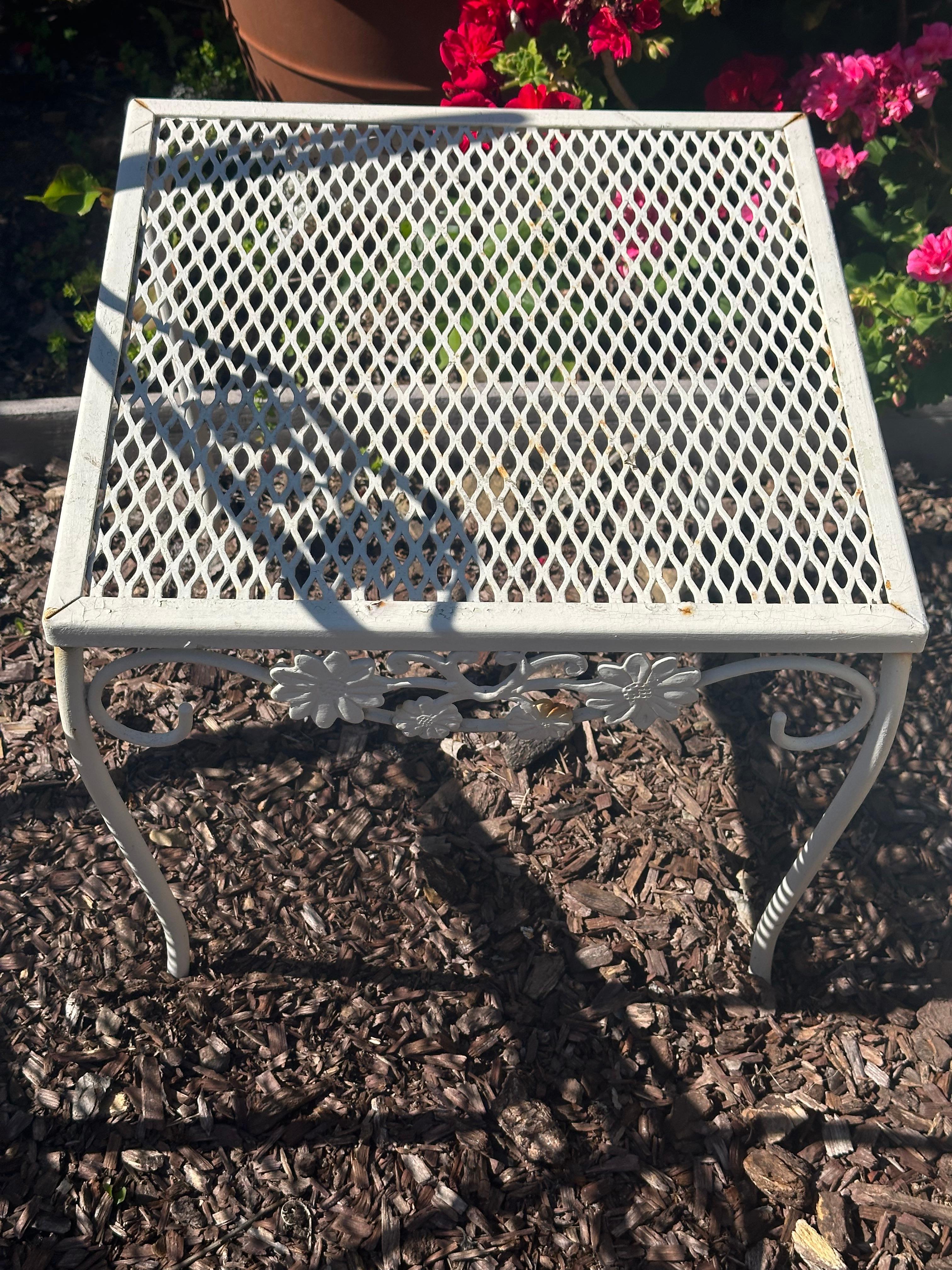Metal Rare Russell Woodard Rocking chairs + Side Table, Salterini, Wrought Iron, MCM For Sale